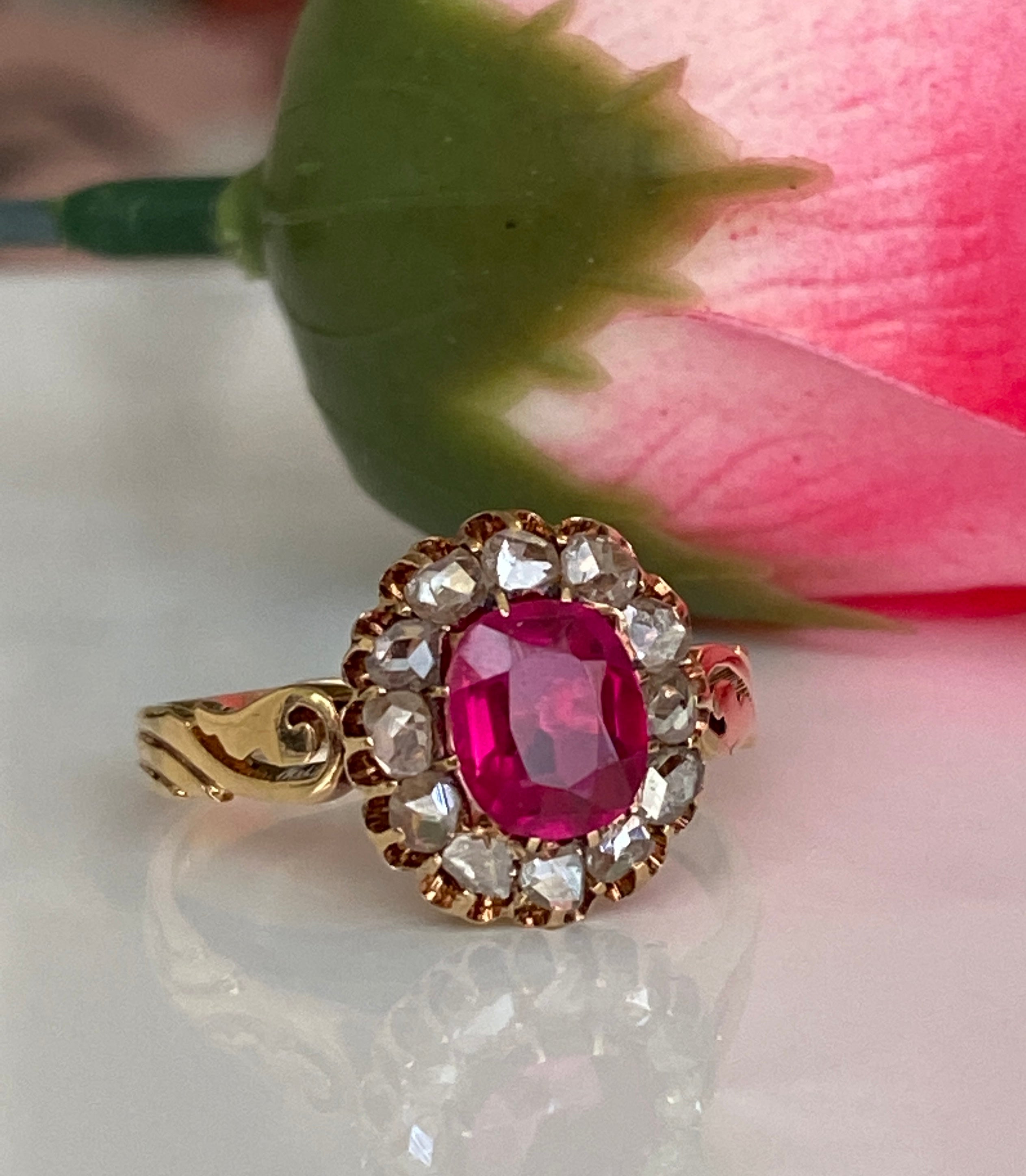 Russian Antique 1910s  Ruby and Old Mine Cut Diamond Ring