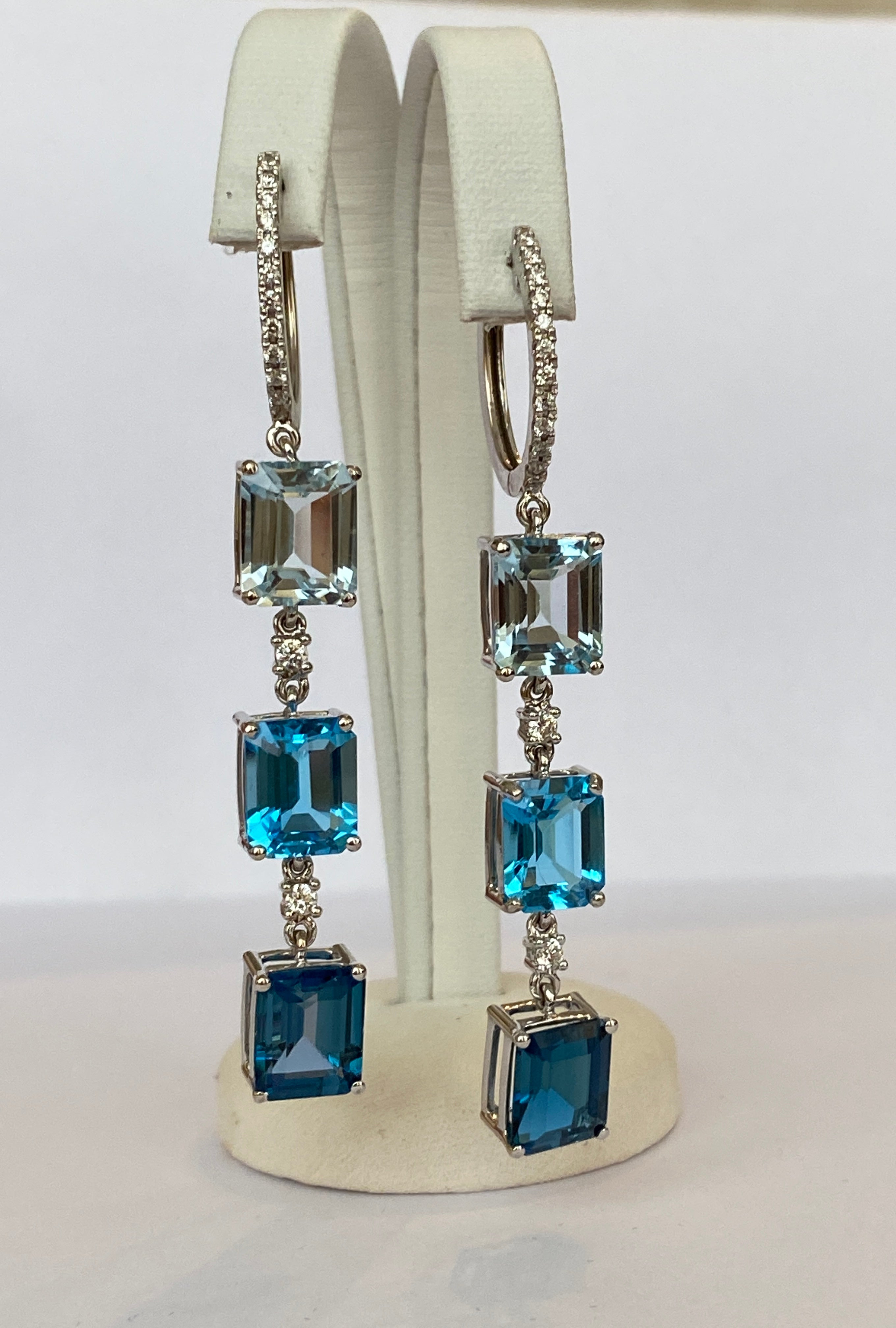 Exquisite 18K White Gold 22.45 Carat Blue Topaz & Diamond Dangle Earrings