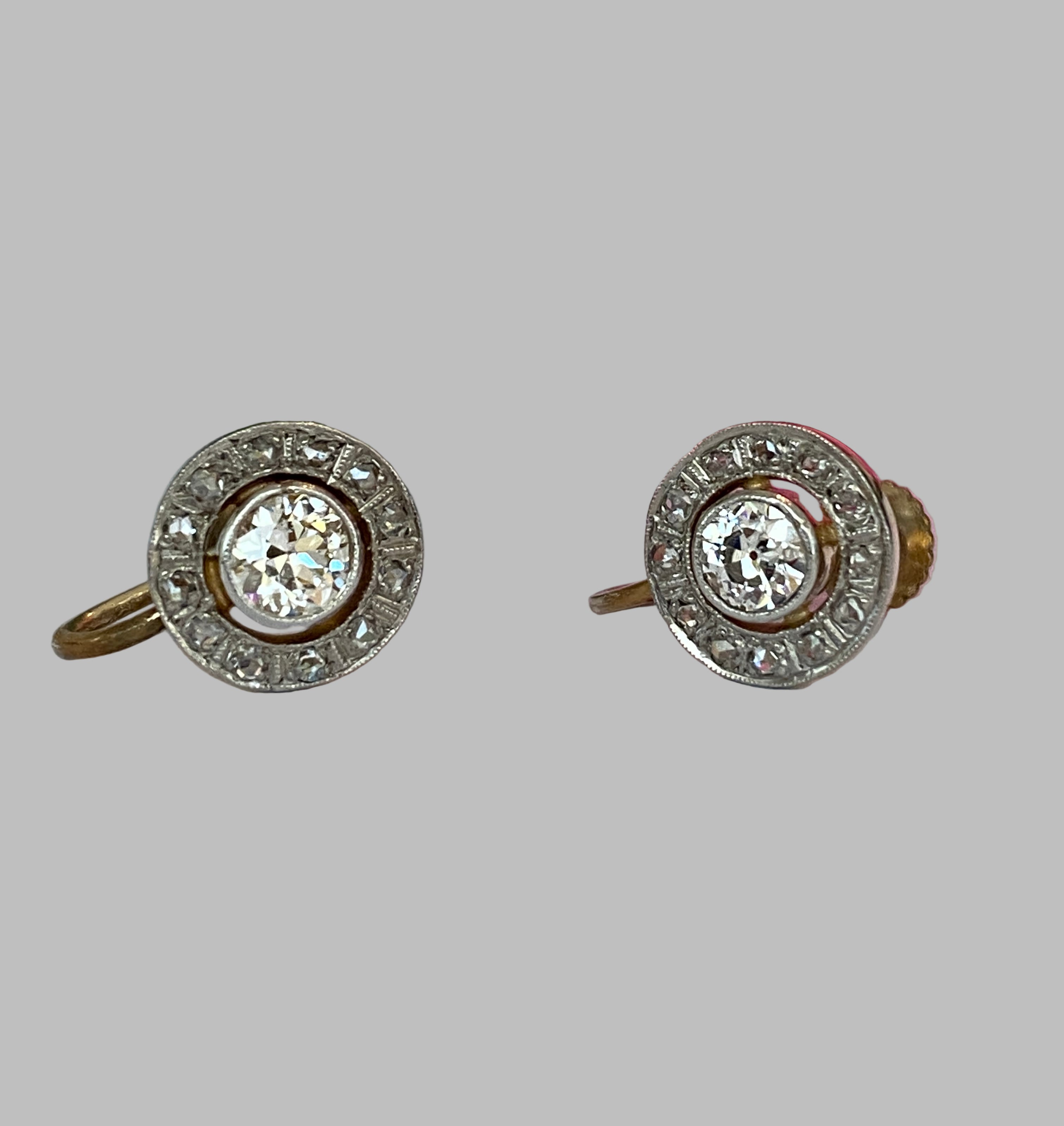 Antique Victorian 14 kt  Gold Halo Earrings with 0.74 ct Old-Cut Diamonds