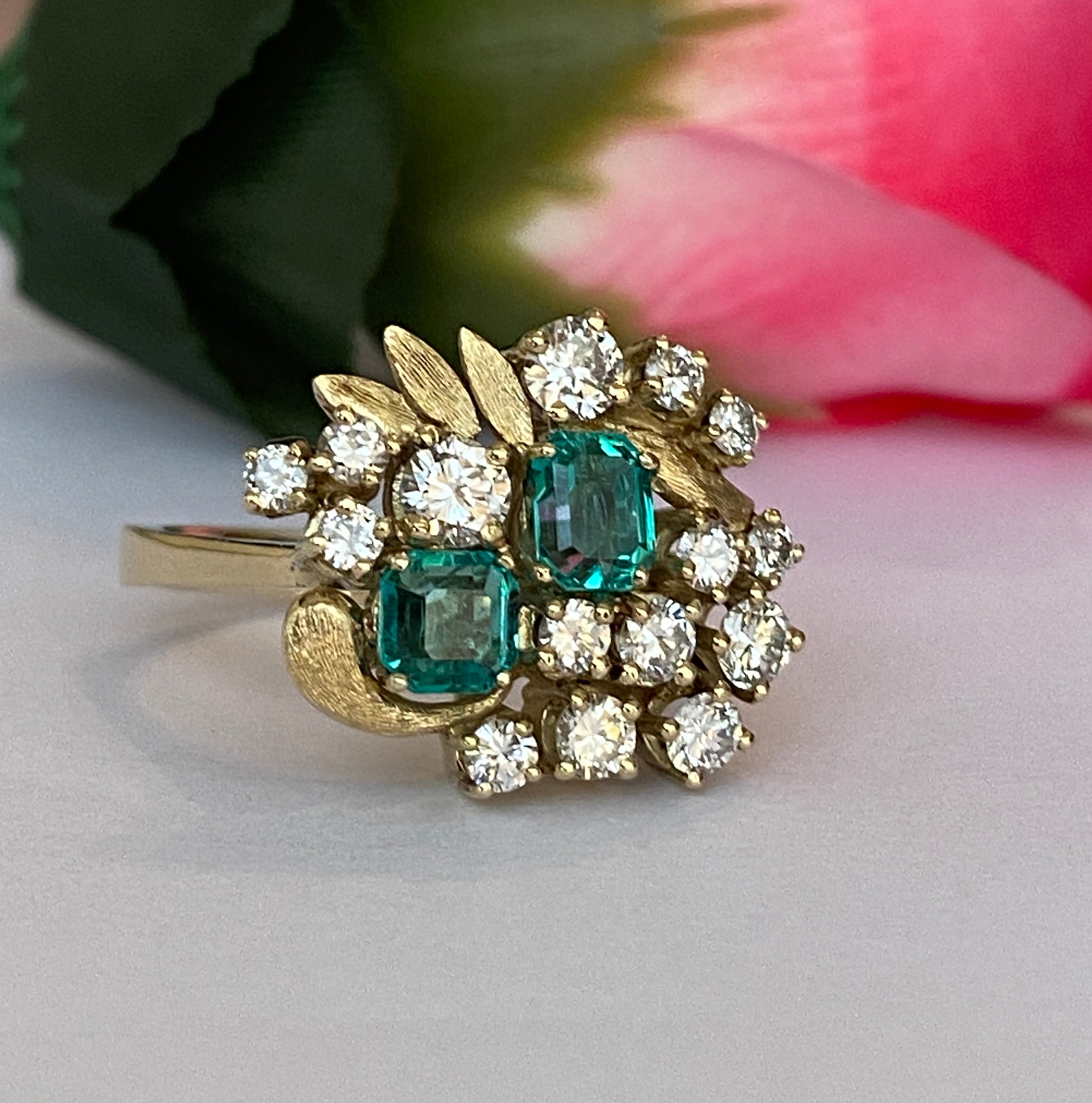 Vintage 14K Yellow Gold Diamond & Emerald Cluster Ring ca 1960, France