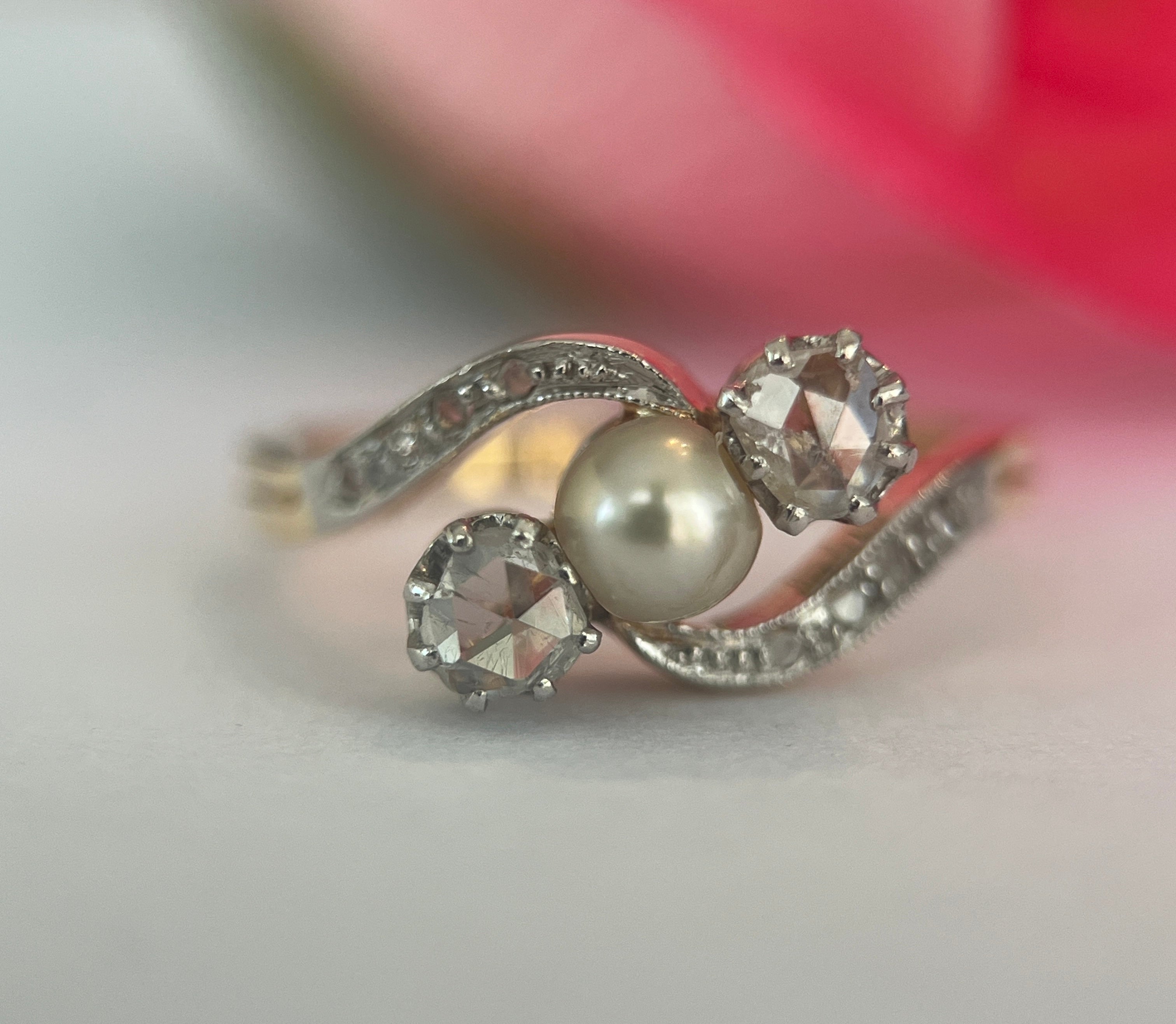 Antique Edwardian Diamond Pearl Ring Moi et Toi 18k Gold Topped Jewelry