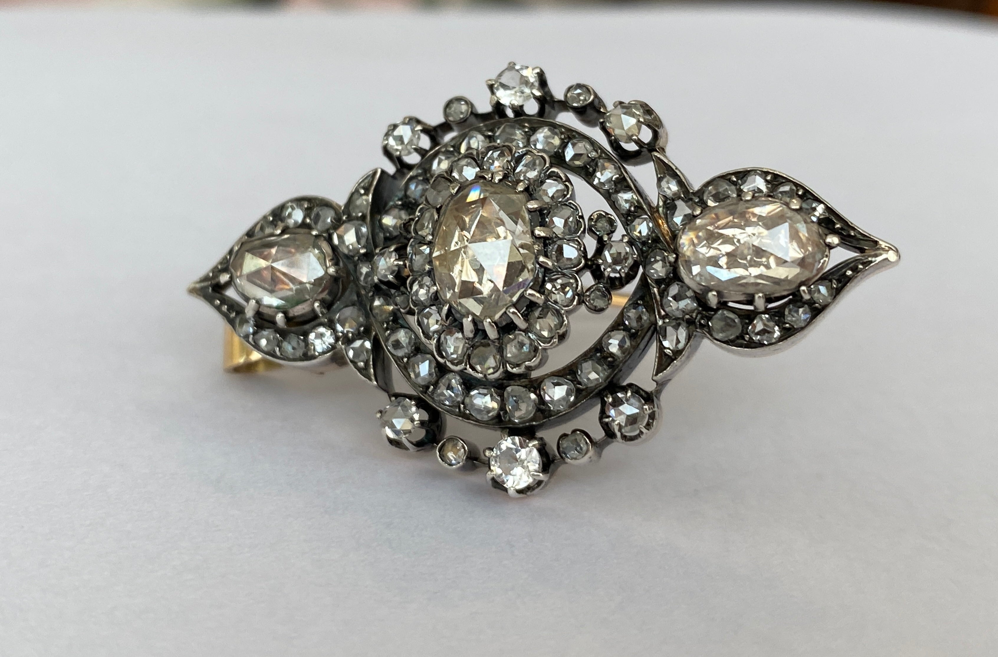 French Antique 18k Gold /Silver Napoleon III 6ct Rose-Cut Diamond Brooch/Pendant