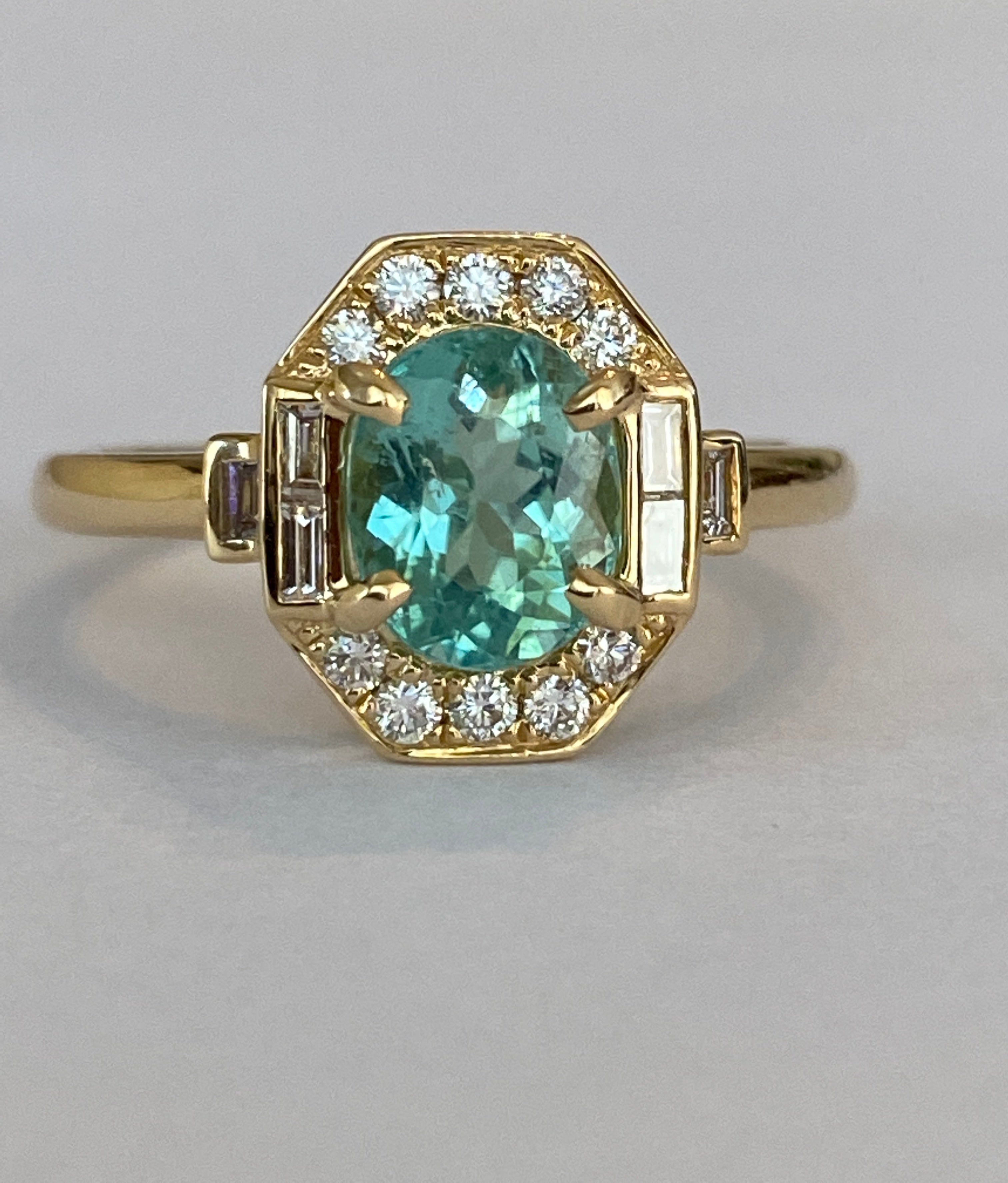 ALGT Certified 1.37 carat Paraiba Tourmaline Diamond  18 kt Yellow Gold Ring