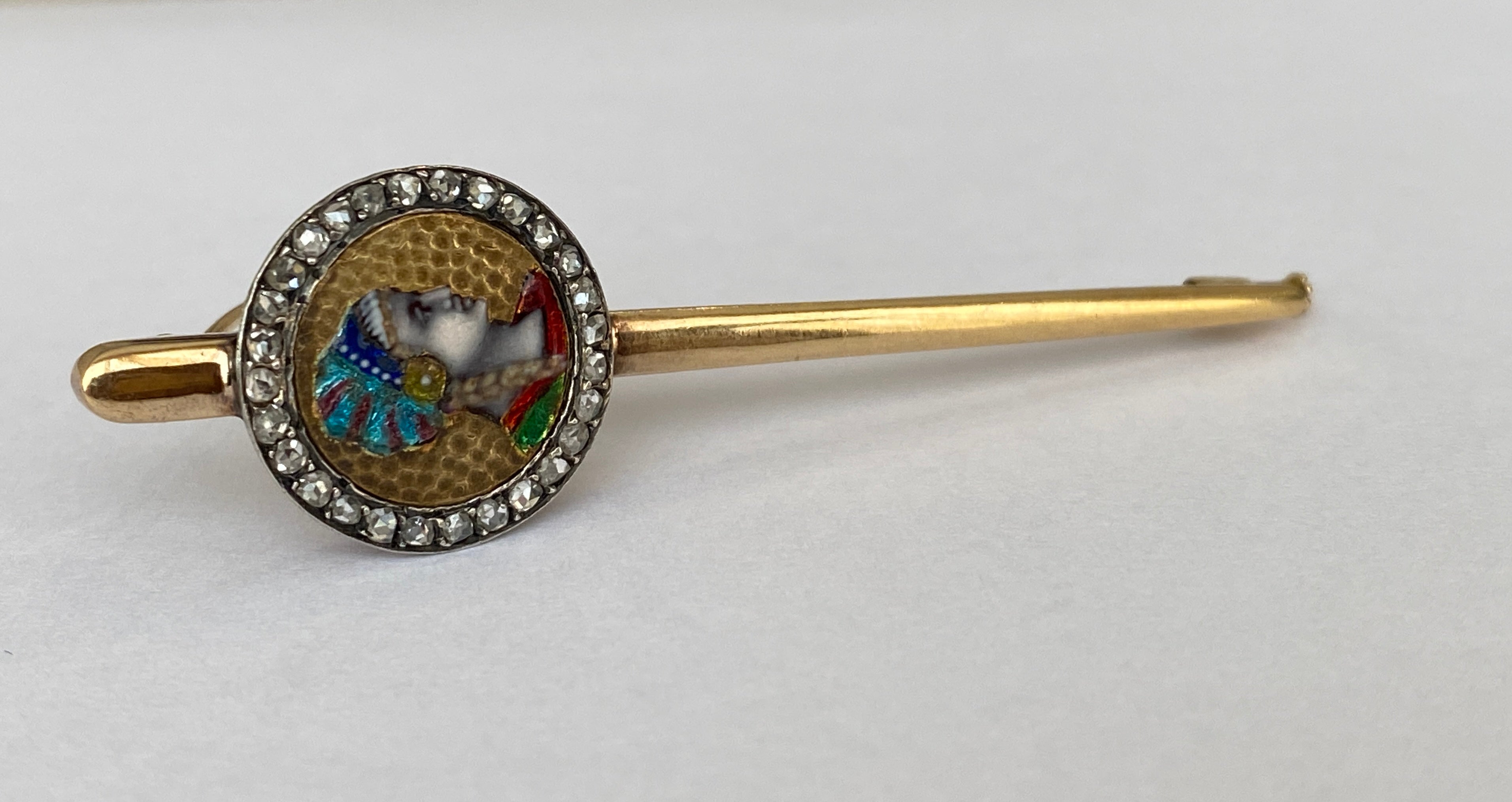 Important 8.7g Antique French 18 Karat Gold Art Nouveau Limoges Enamel Brooch