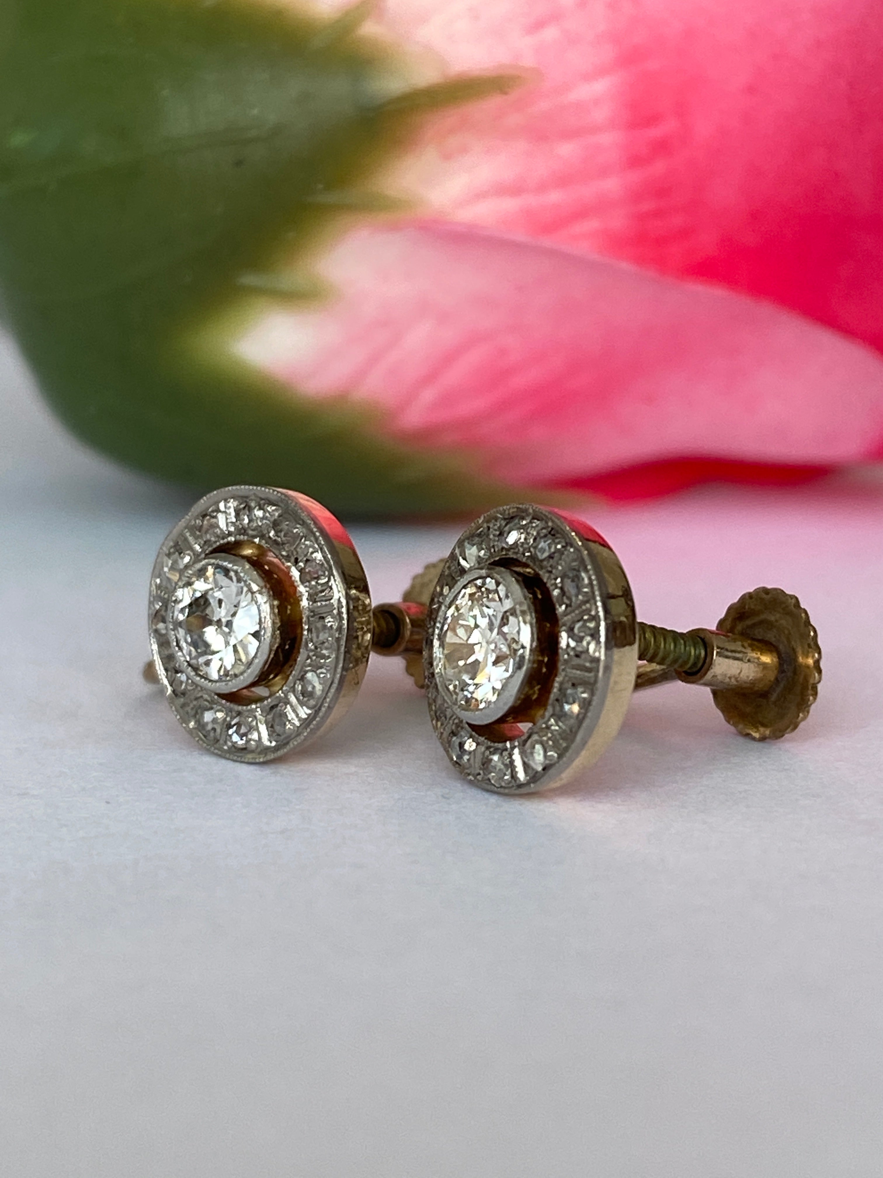 Antique Victorian 14 kt  Gold Halo Earrings with 0.74 ct Old-Cut Diamonds
