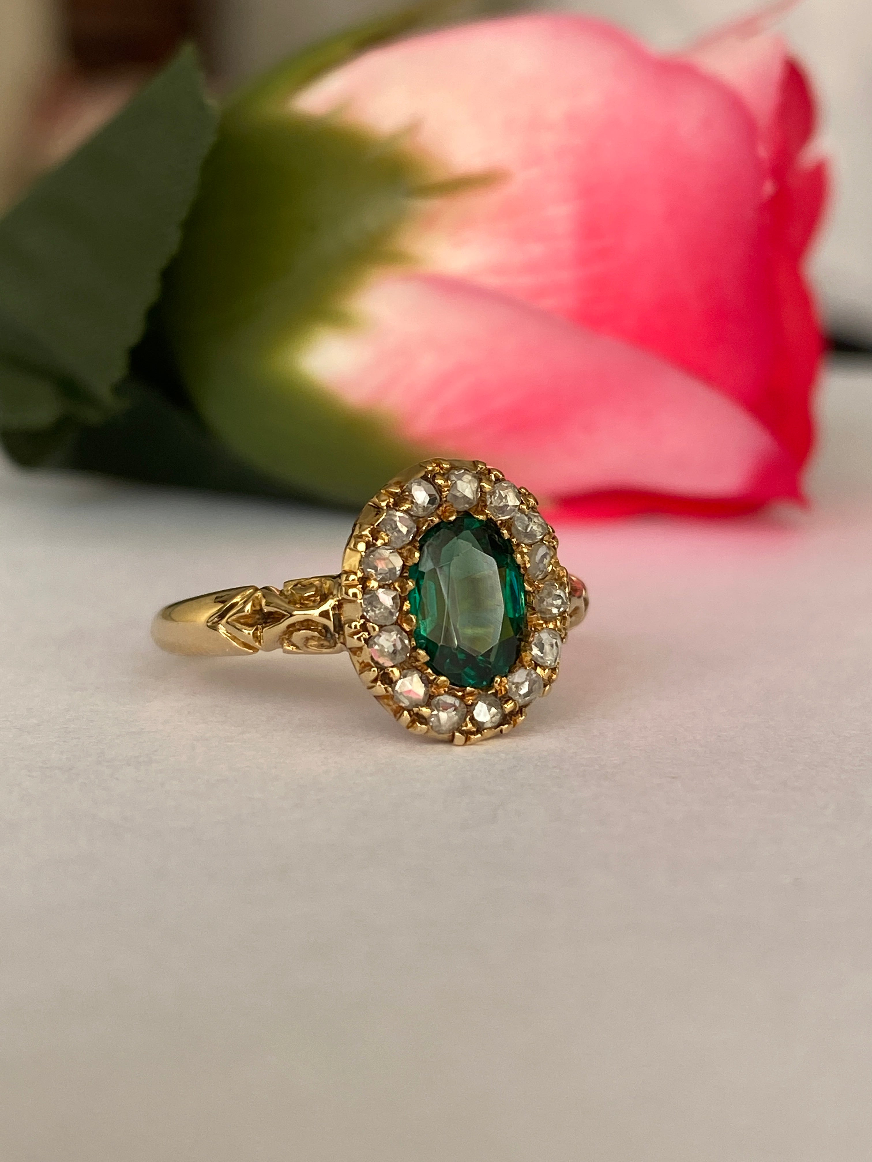 Antique Edwardian 18K Yellow Gold Green Garnet Doublet and Rose-Cut Diamond Ring