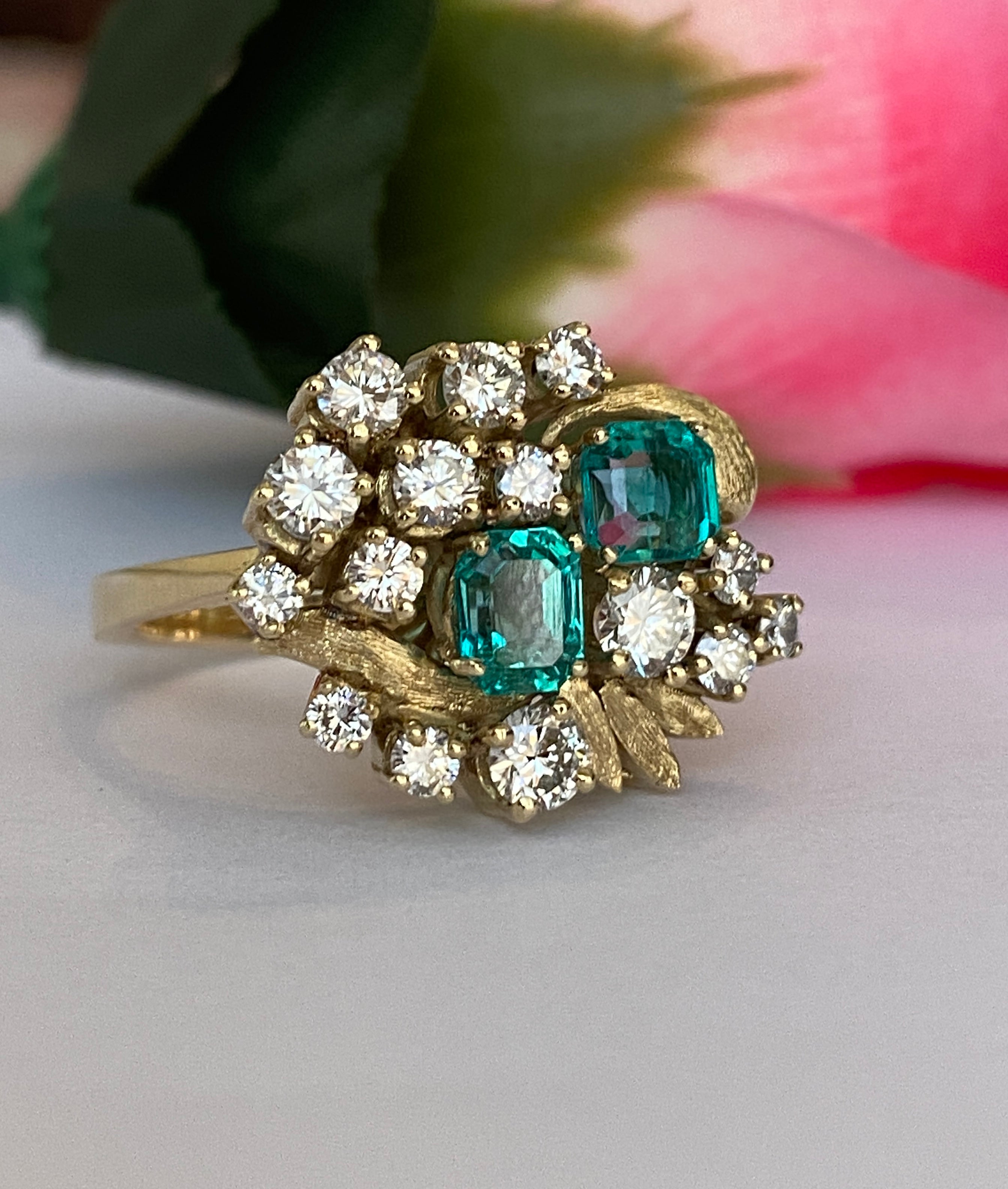 Vintage 14K Yellow Gold Diamond & Emerald Cluster Ring ca 1960, France