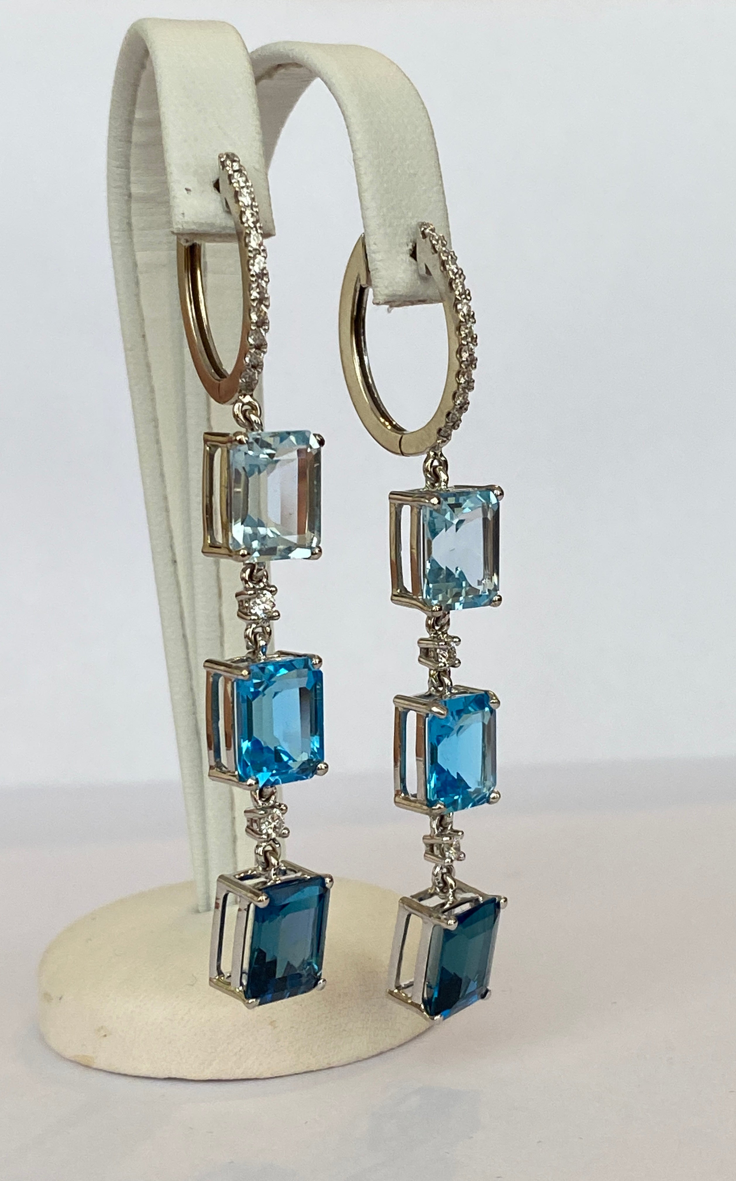 Exquisite 18K White Gold 22.45 Carat Blue Topaz & Diamond Dangle Earrings