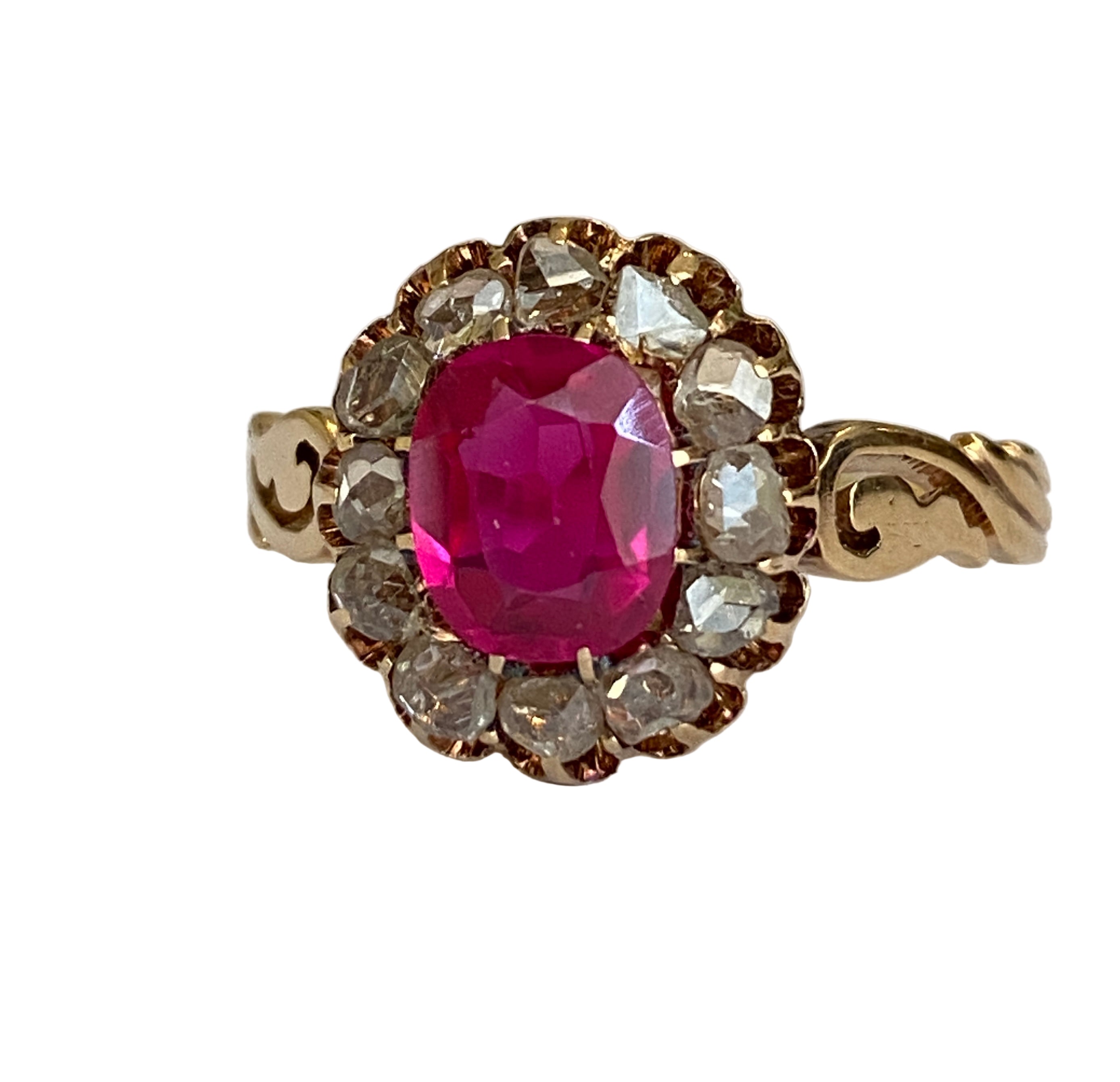 Russian Antique 1910s  Ruby and Old Mine Cut Diamond Ring