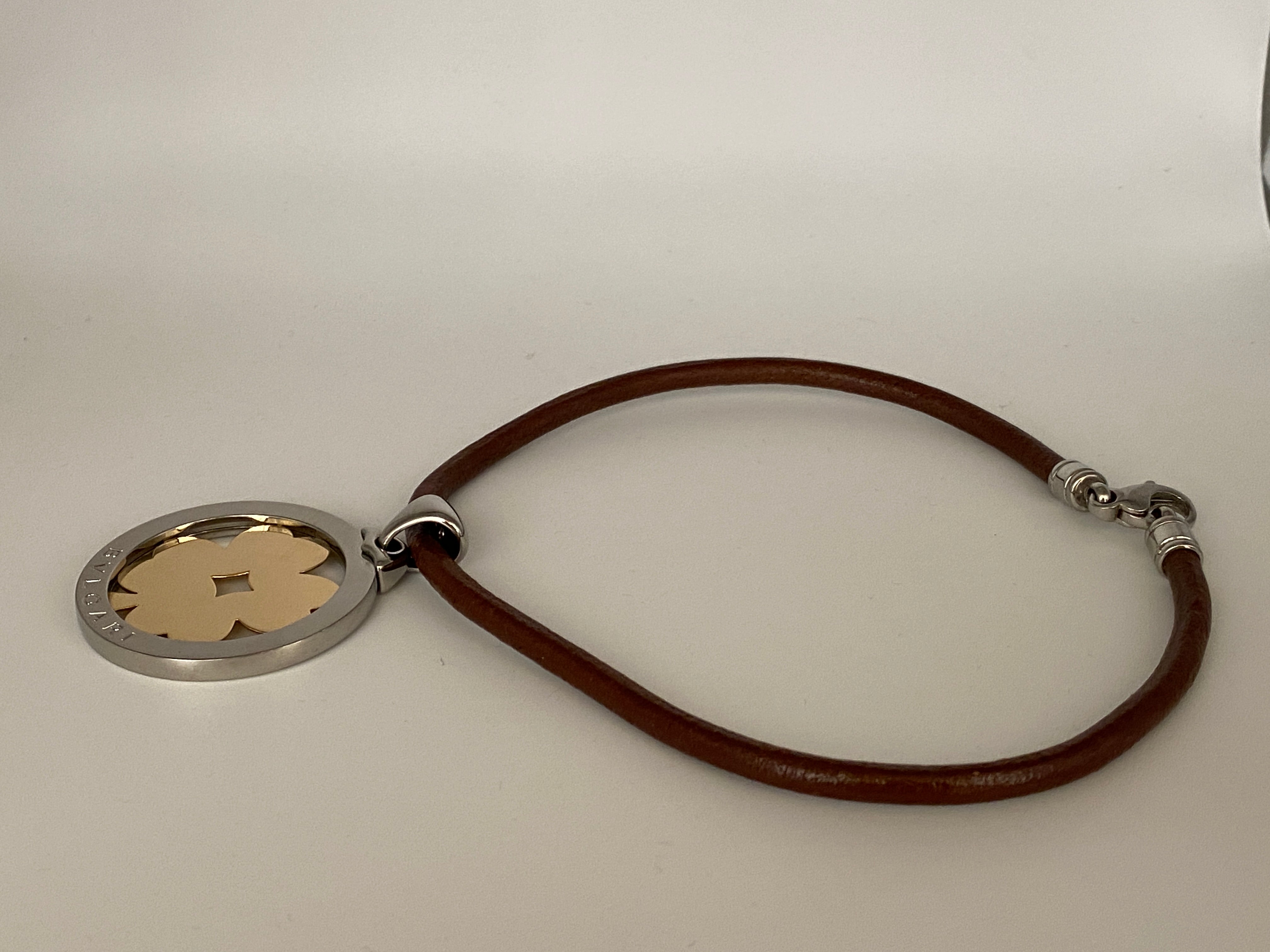 Bulgari Tondo Clover 18k Gold Steel Extra Large Pendant Brown and Black Leather