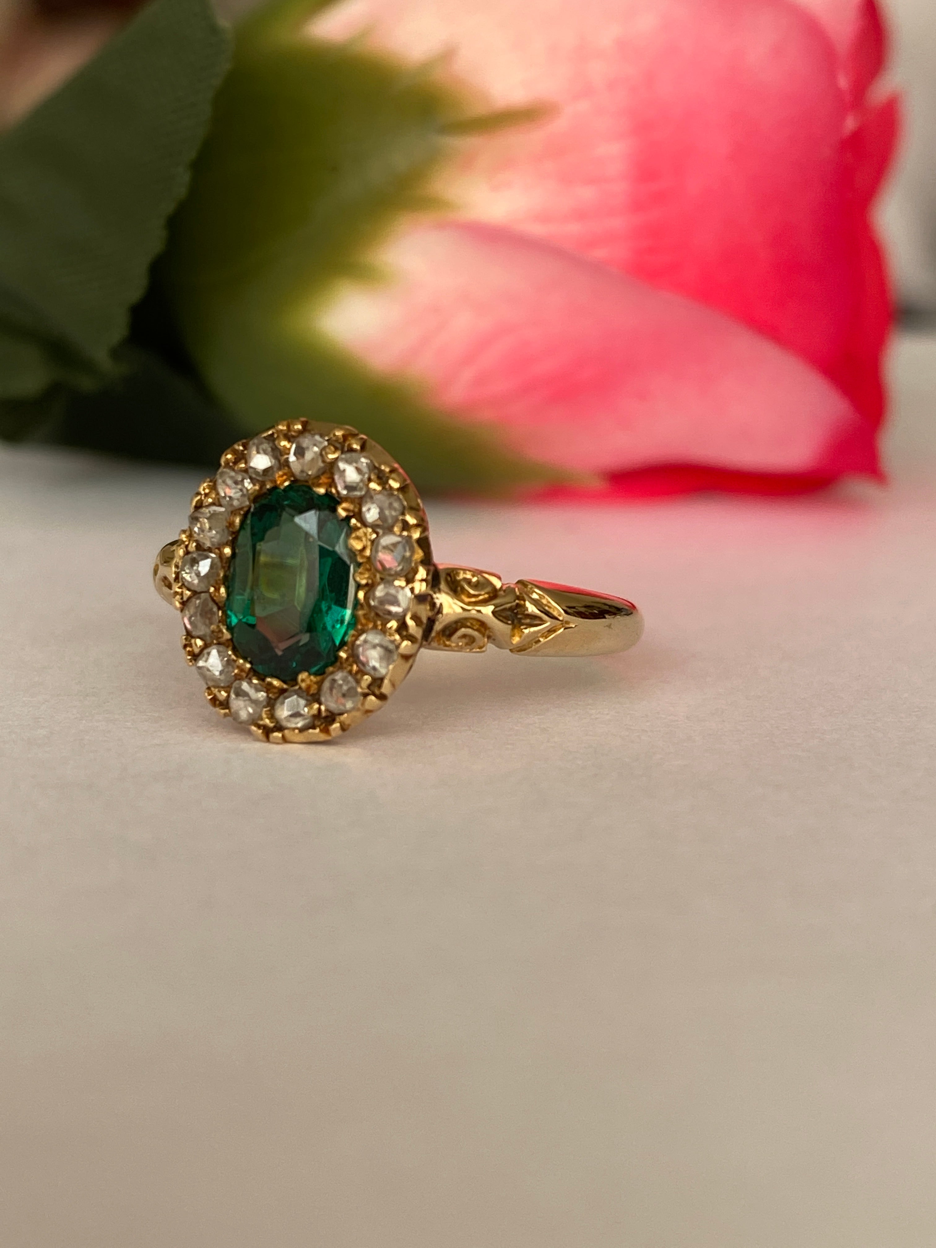 Antique Edwardian 18K Yellow Gold Green Garnet Doublet and Rose-Cut Diamond Ring