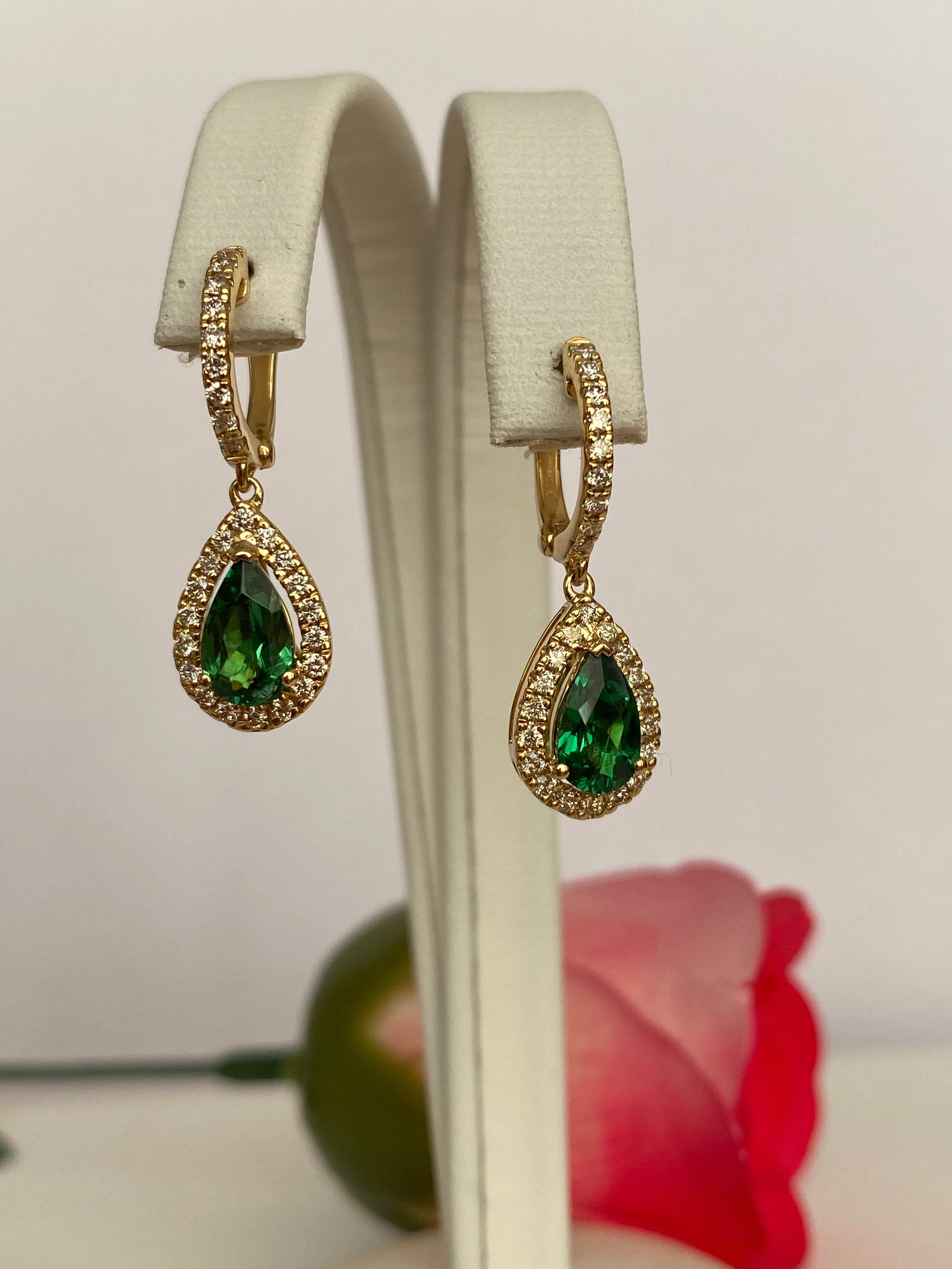 ALGT Cerified Vivid Green Tsavorite Diamond  Drop Earrings in 18K Yellow Gold