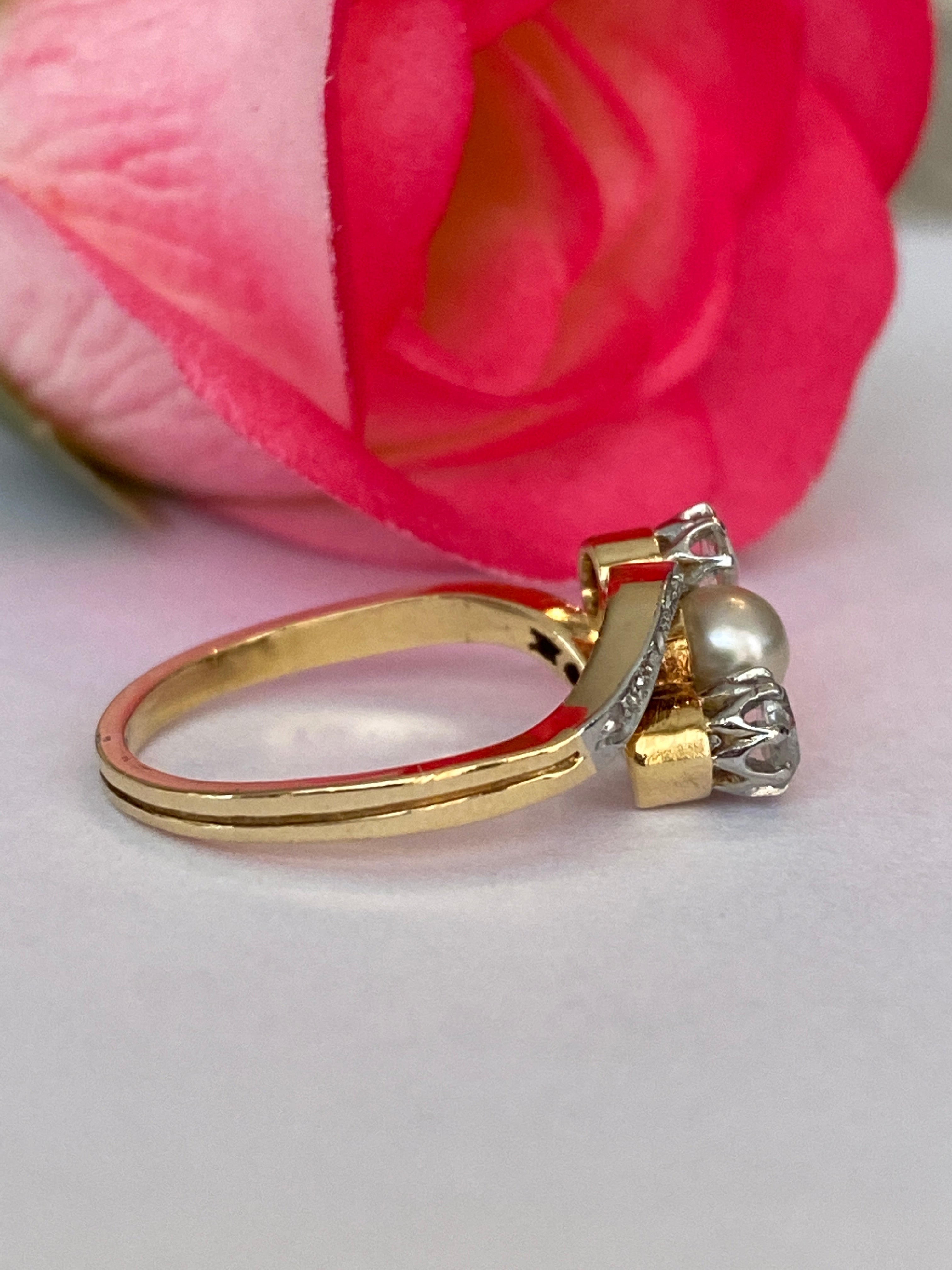 Antique Edwardian Diamond Pearl Ring Moi et Toi 18k Gold Topped Jewelry