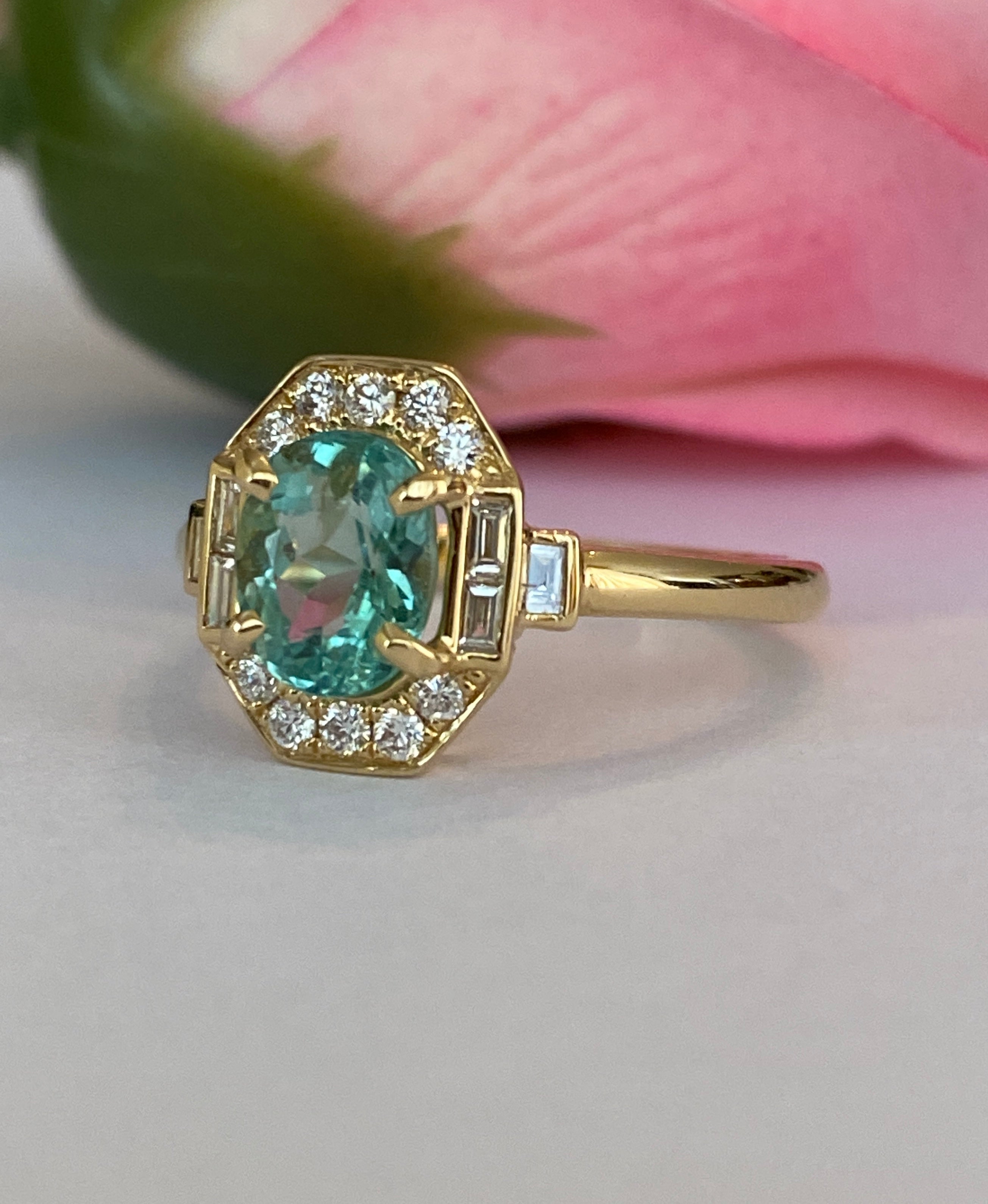 ALGT Certified 1.37 carat Paraiba Tourmaline Diamond  18 kt Yellow Gold Ring