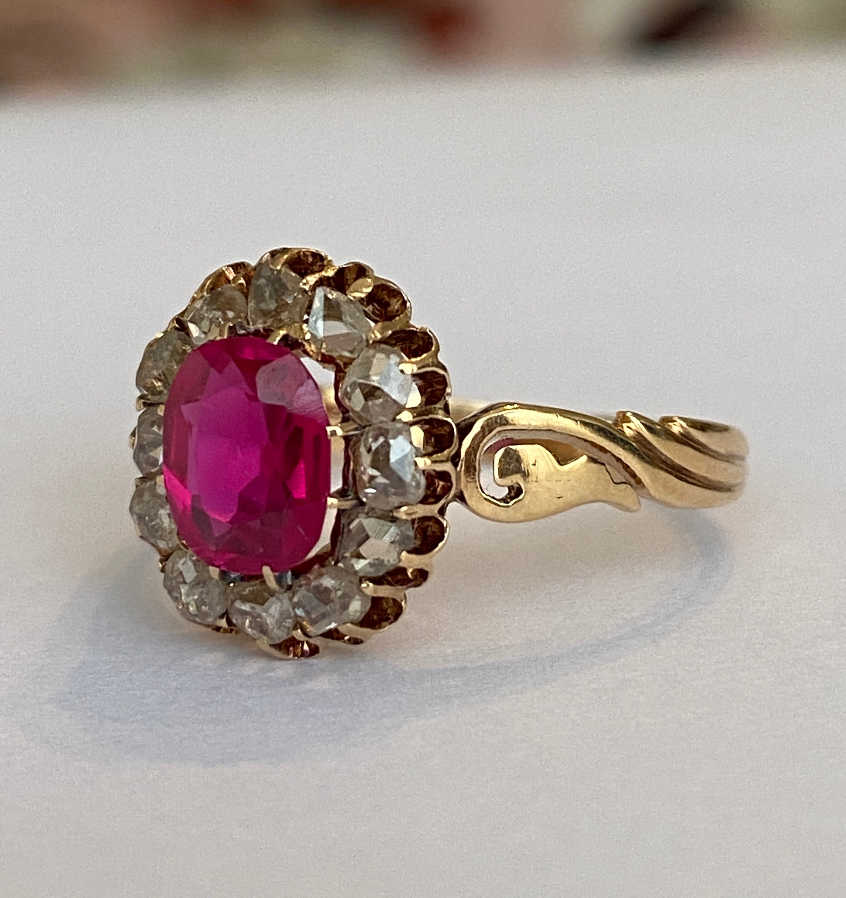 Russian Antique 1910s  Ruby and Old Mine Cut Diamond Ring
