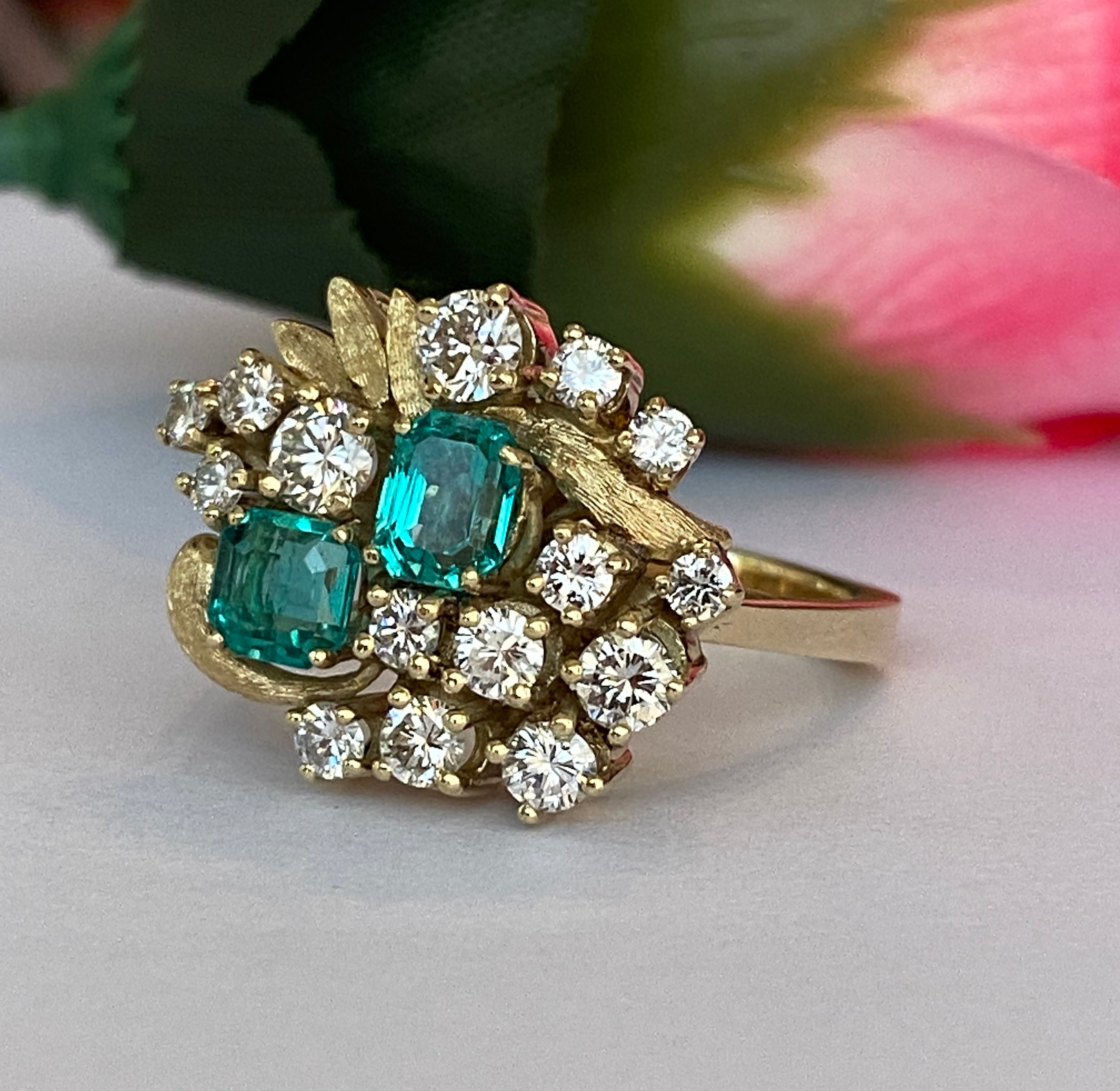 Vintage 14K Yellow Gold Diamond & Emerald Cluster Ring ca 1960, France