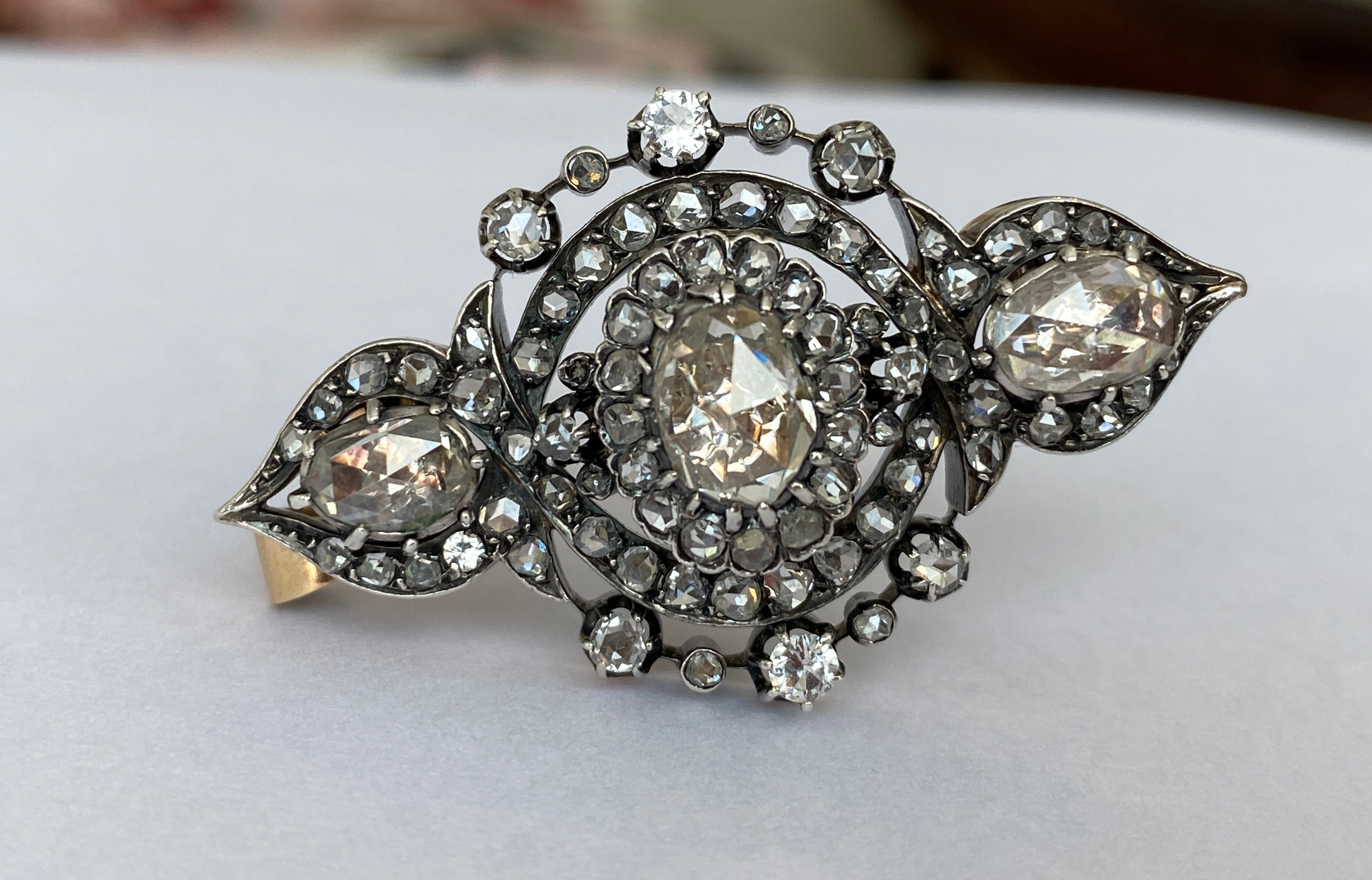 French Antique 18k Gold /Silver Napoleon III 6ct Rose-Cut Diamond Brooch/Pendant