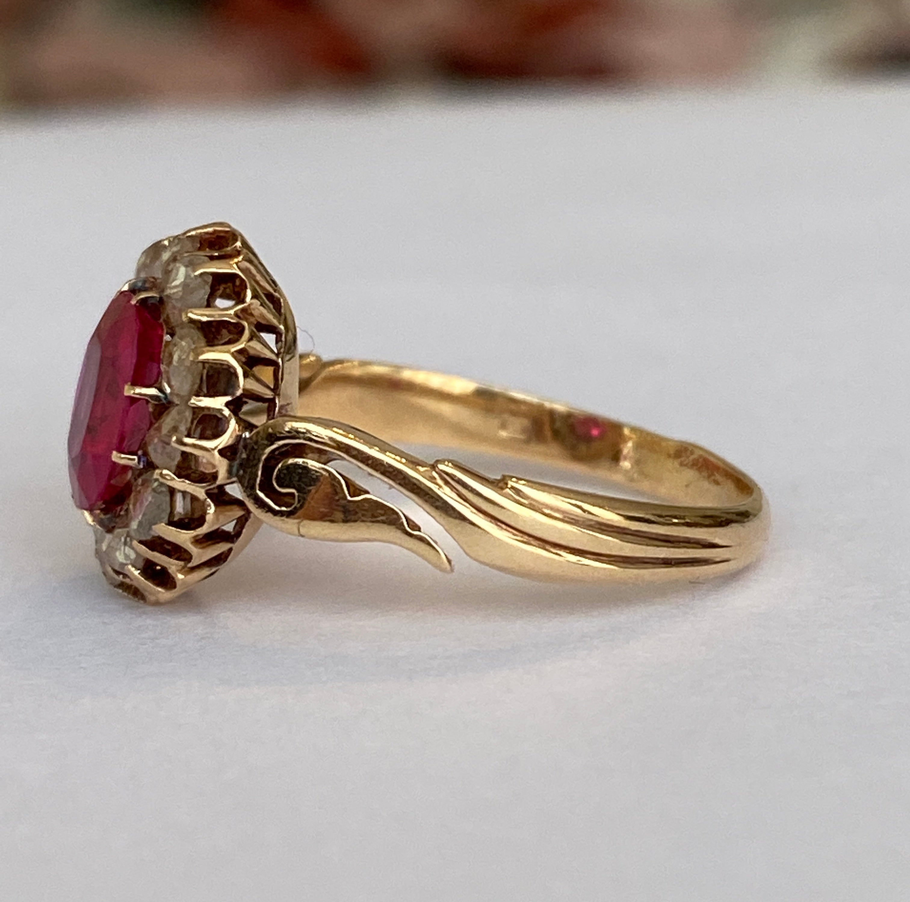 Russian Antique 1910s  Ruby and Old Mine Cut Diamond Ring