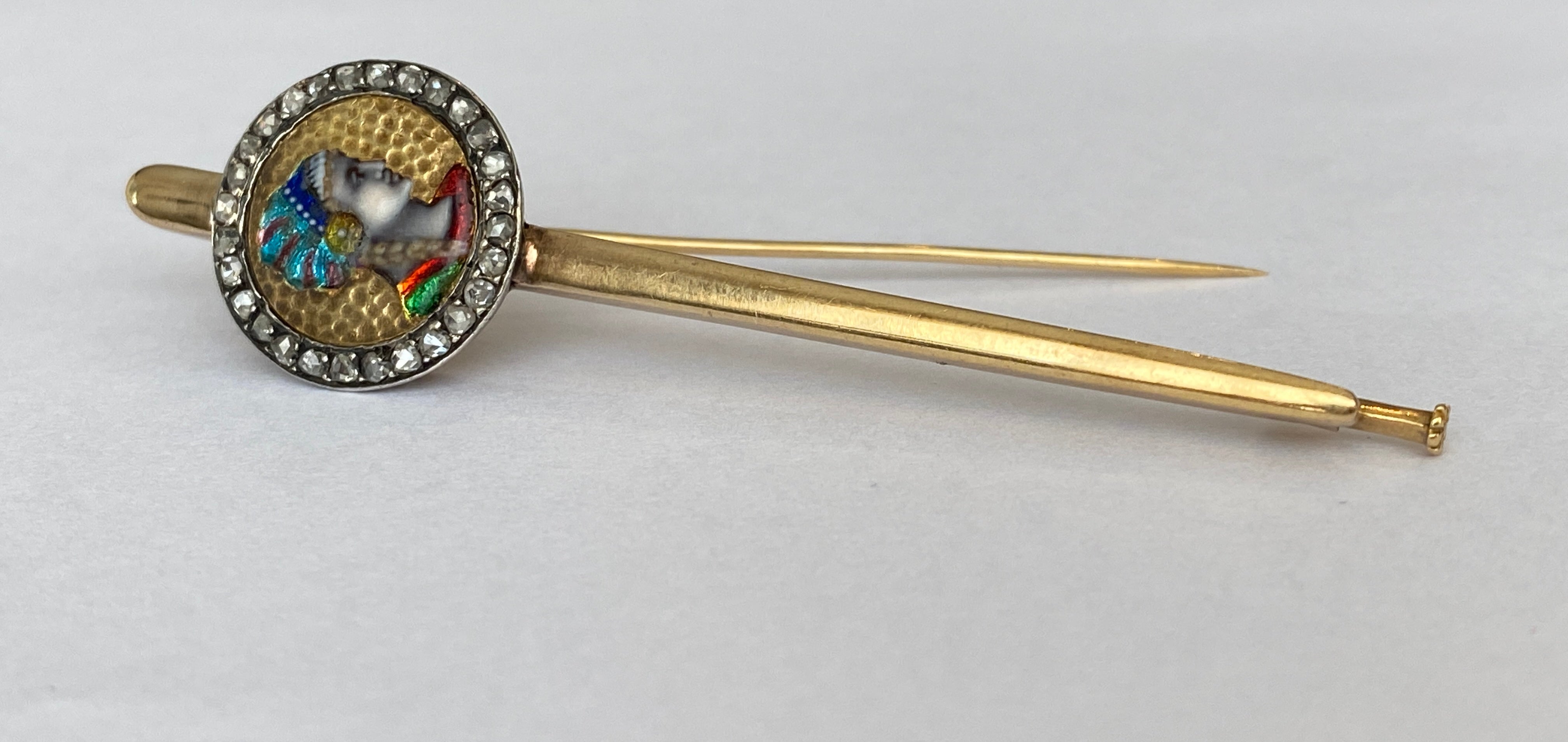 Important 8.7g Antique French 18 Karat Gold Art Nouveau Limoges Enamel Brooch