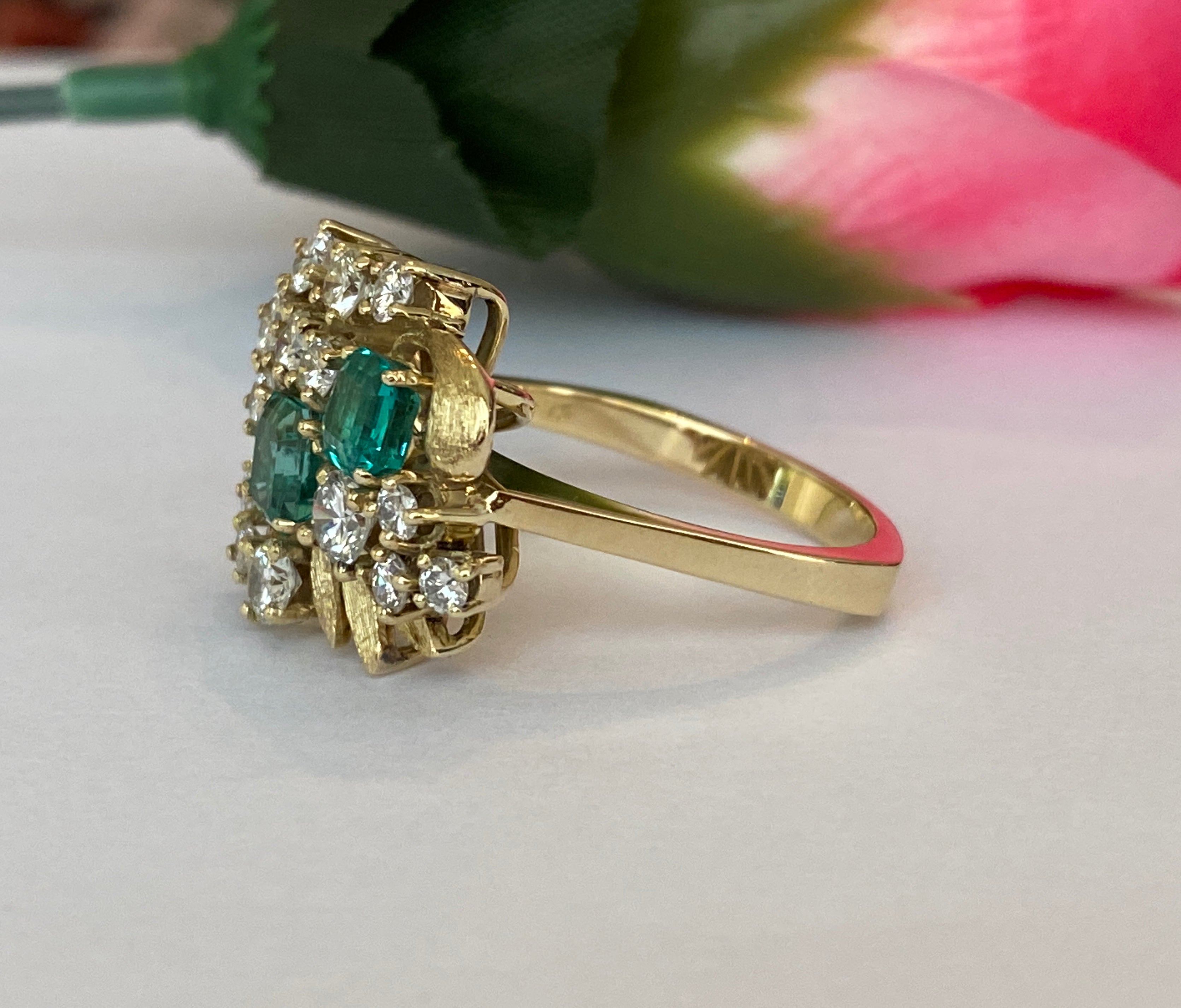 Vintage 14K Yellow Gold Diamond & Emerald Cluster Ring ca 1960, France