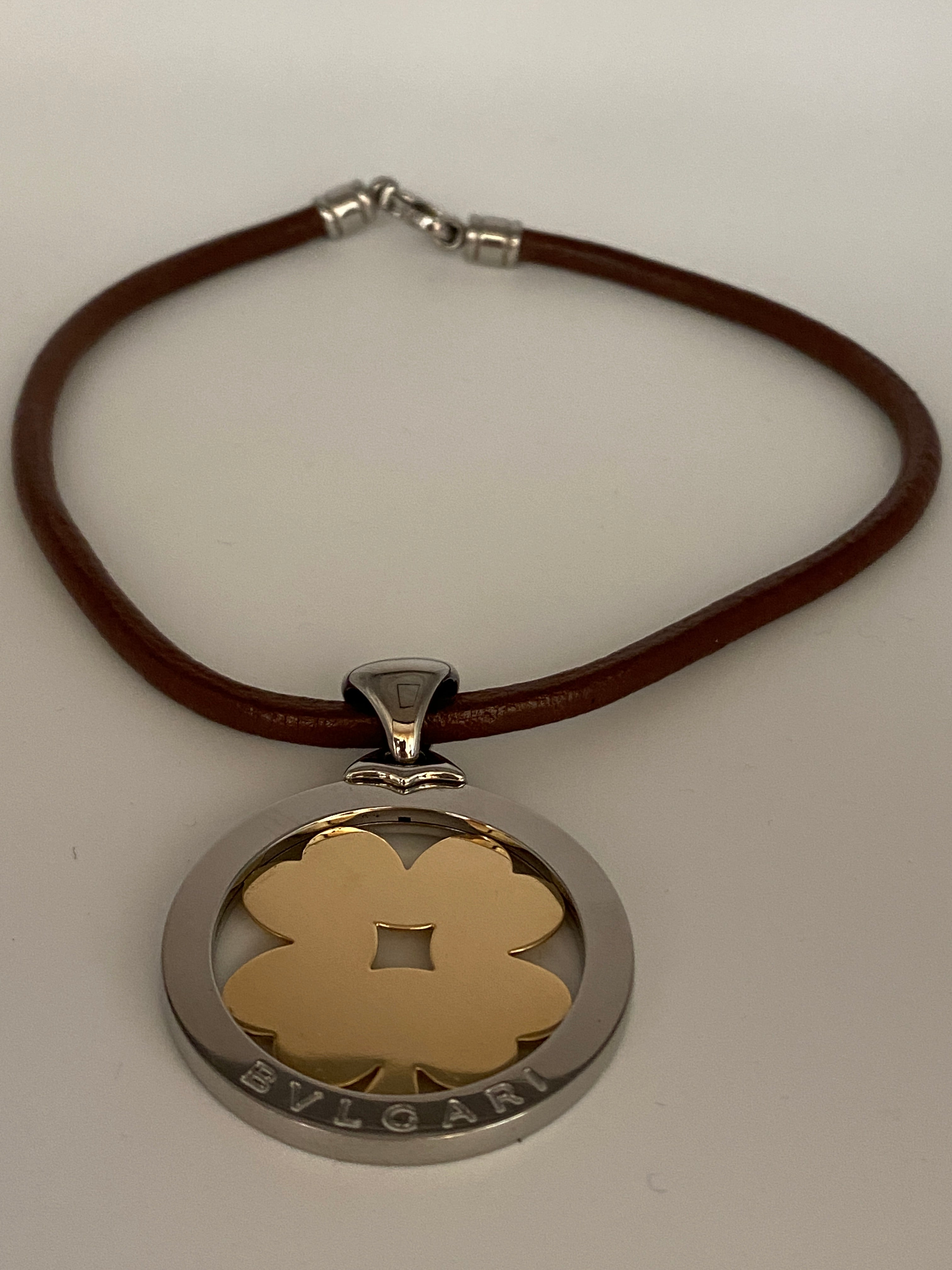 Bulgari Tondo Clover 18k Gold Steel Extra Large Pendant Brown and Black Leather
