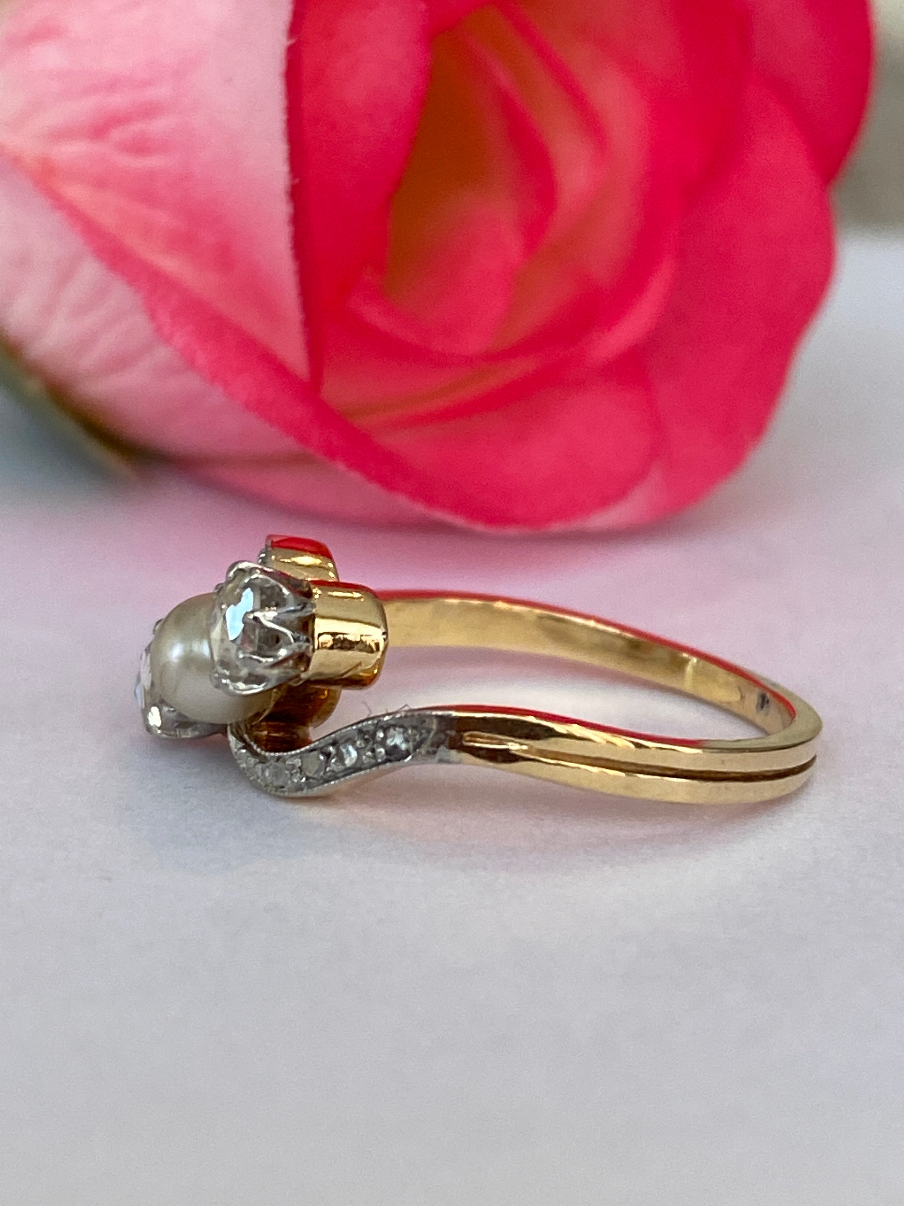 Antique Edwardian Diamond Pearl Ring Moi et Toi 18k Gold Topped Jewelry