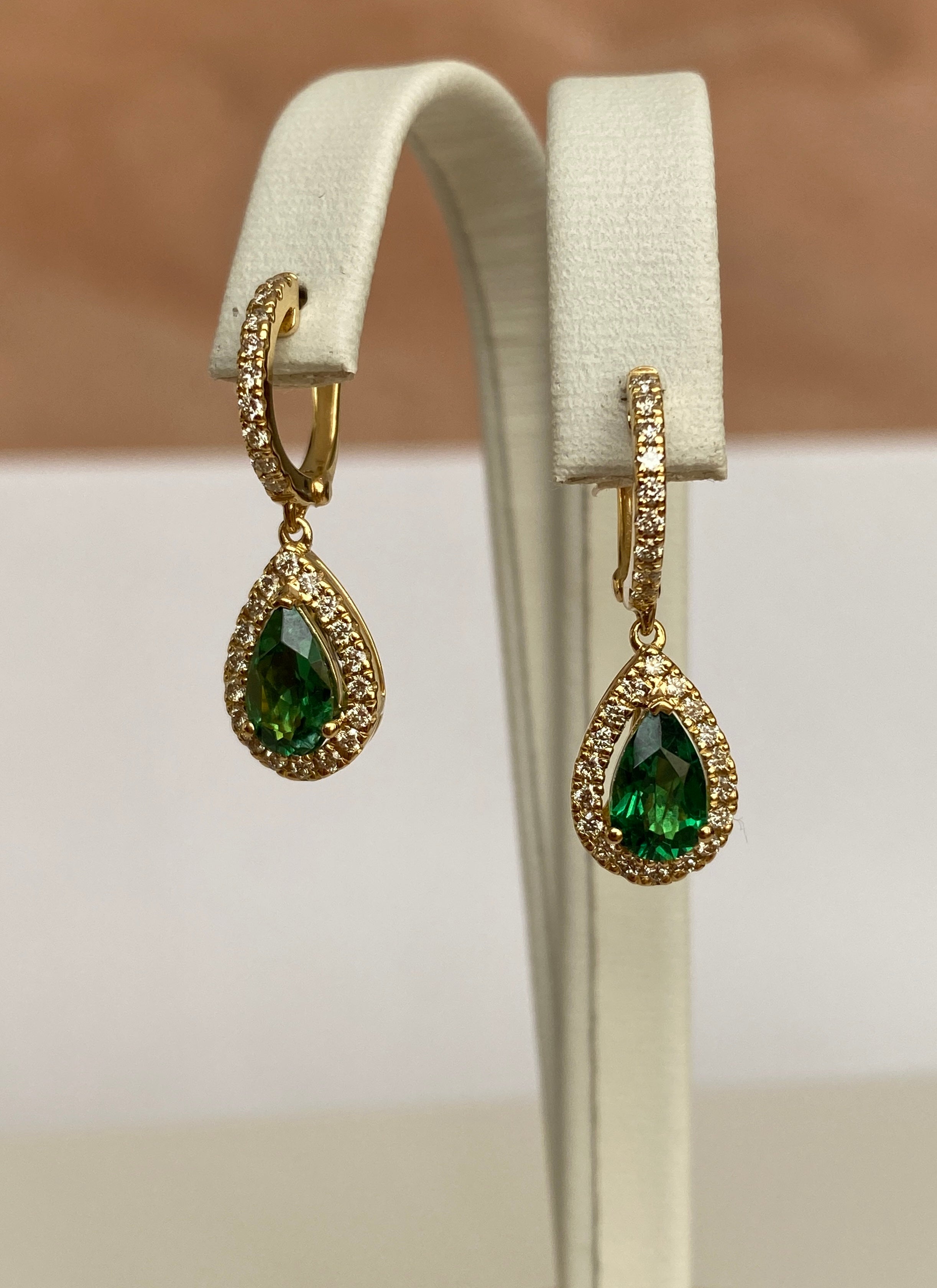 ALGT Cerified Vivid Green Tsavorite Diamond  Drop Earrings in 18K Yellow Gold