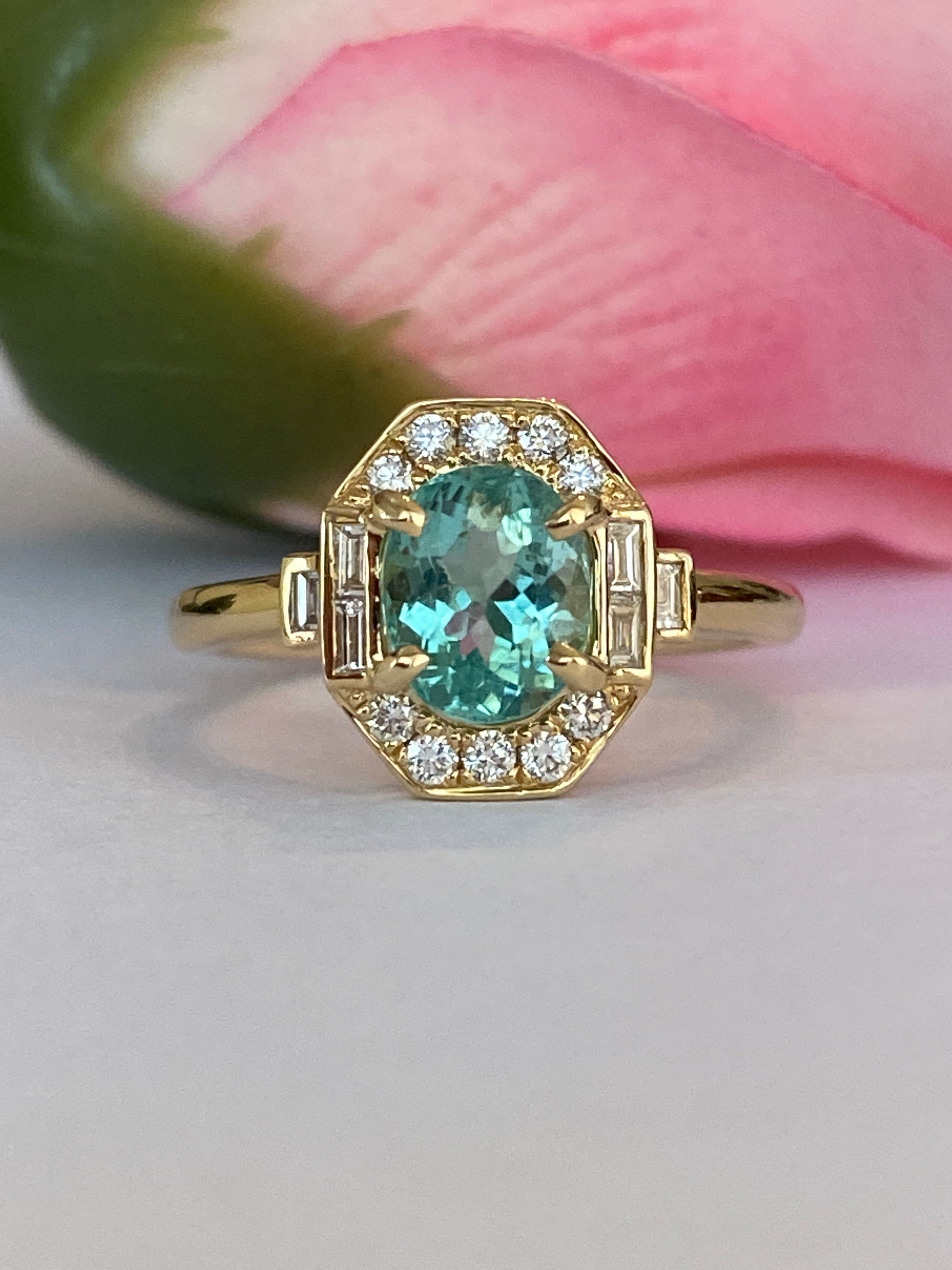 ALGT Certified 1.37 carat Paraiba Tourmaline Diamond  18 kt Yellow Gold Ring