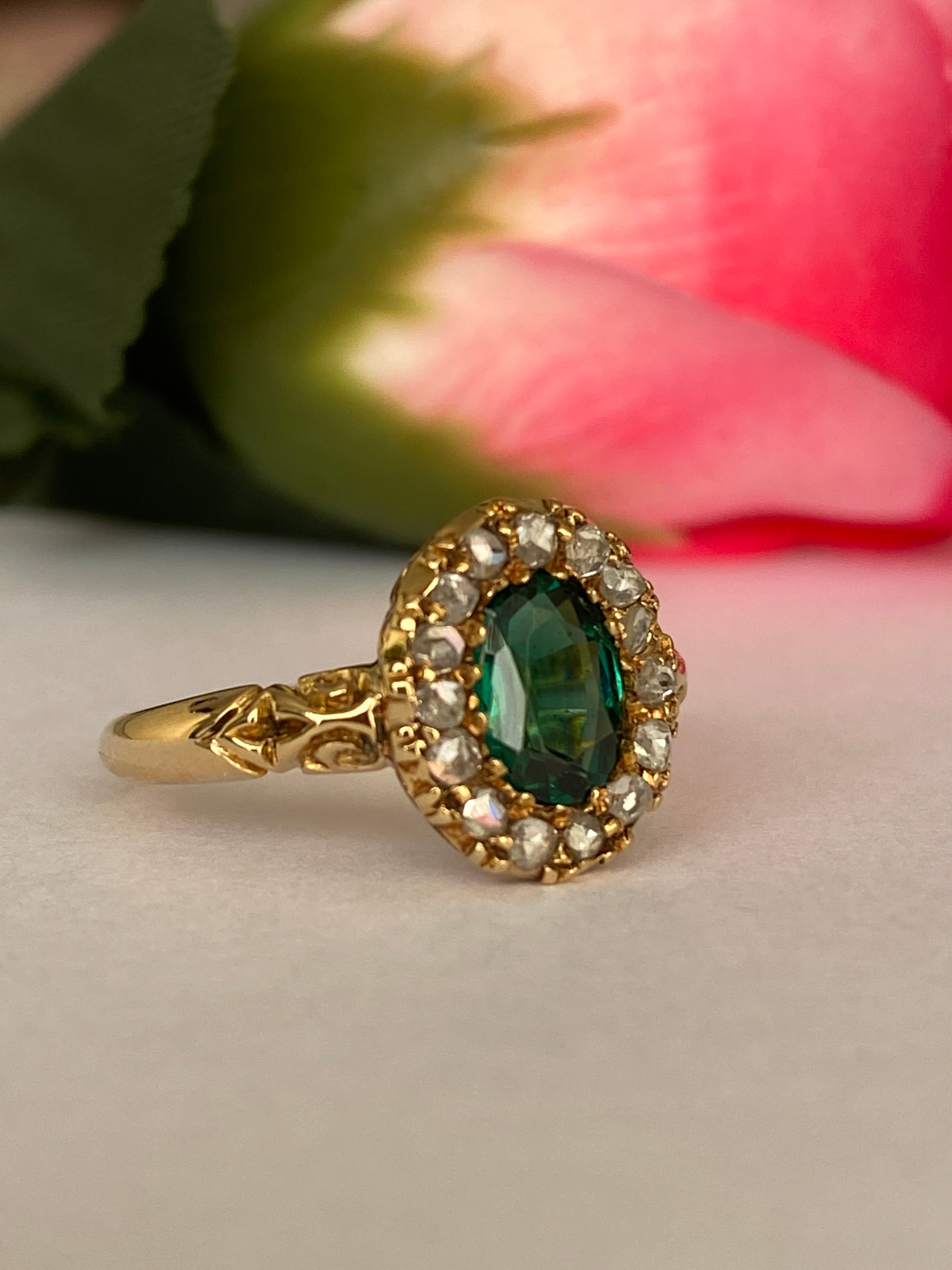 Antique Edwardian 18K Yellow Gold Green Garnet Doublet and Rose-Cut Diamond Ring