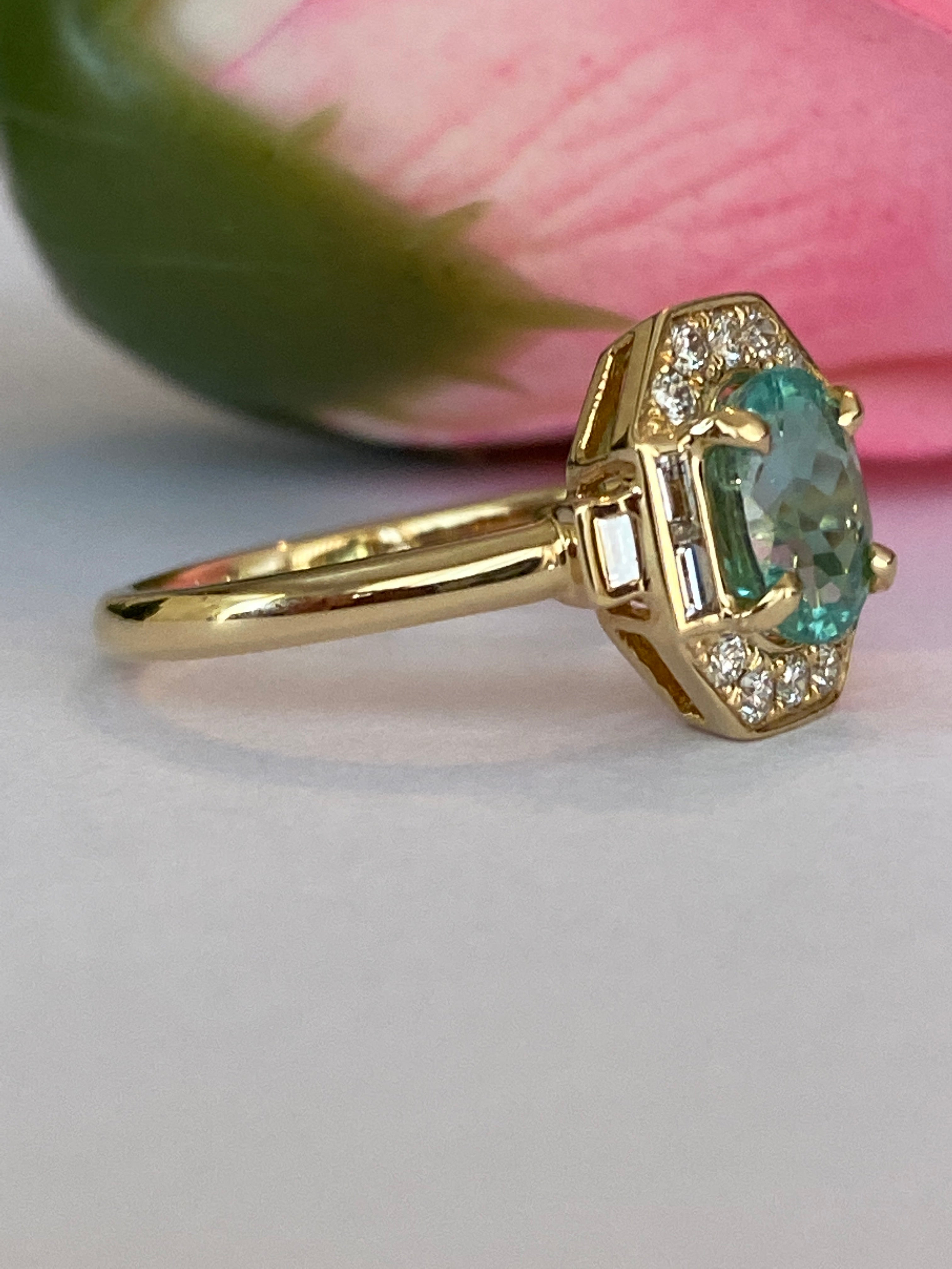 ALGT Certified 1.37 carat Paraiba Tourmaline Diamond  18 kt Yellow Gold Ring