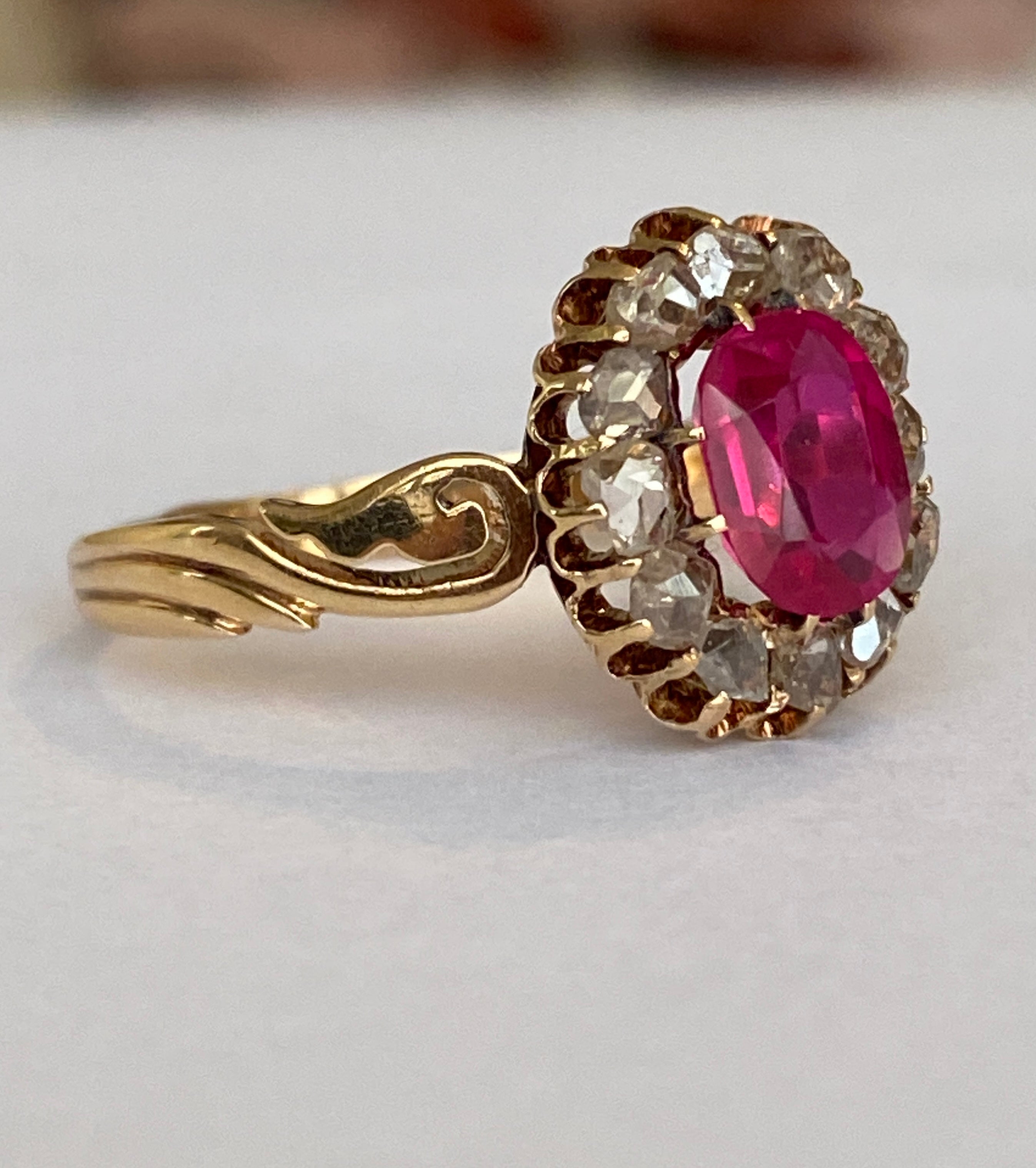 Russian Antique 1910s  Ruby and Old Mine Cut Diamond Ring