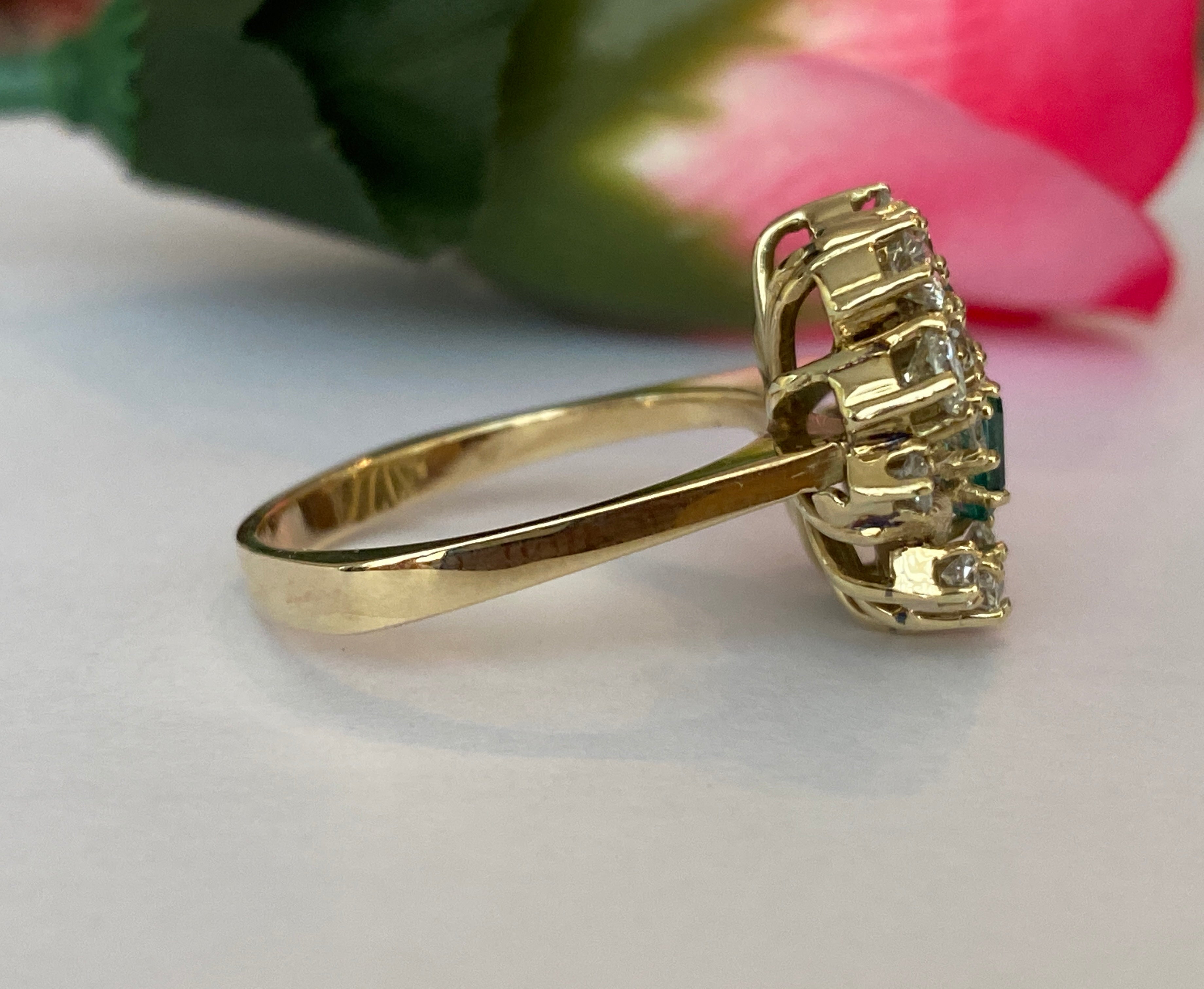 Vintage 14K Yellow Gold Diamond & Emerald Cluster Ring ca 1960, France