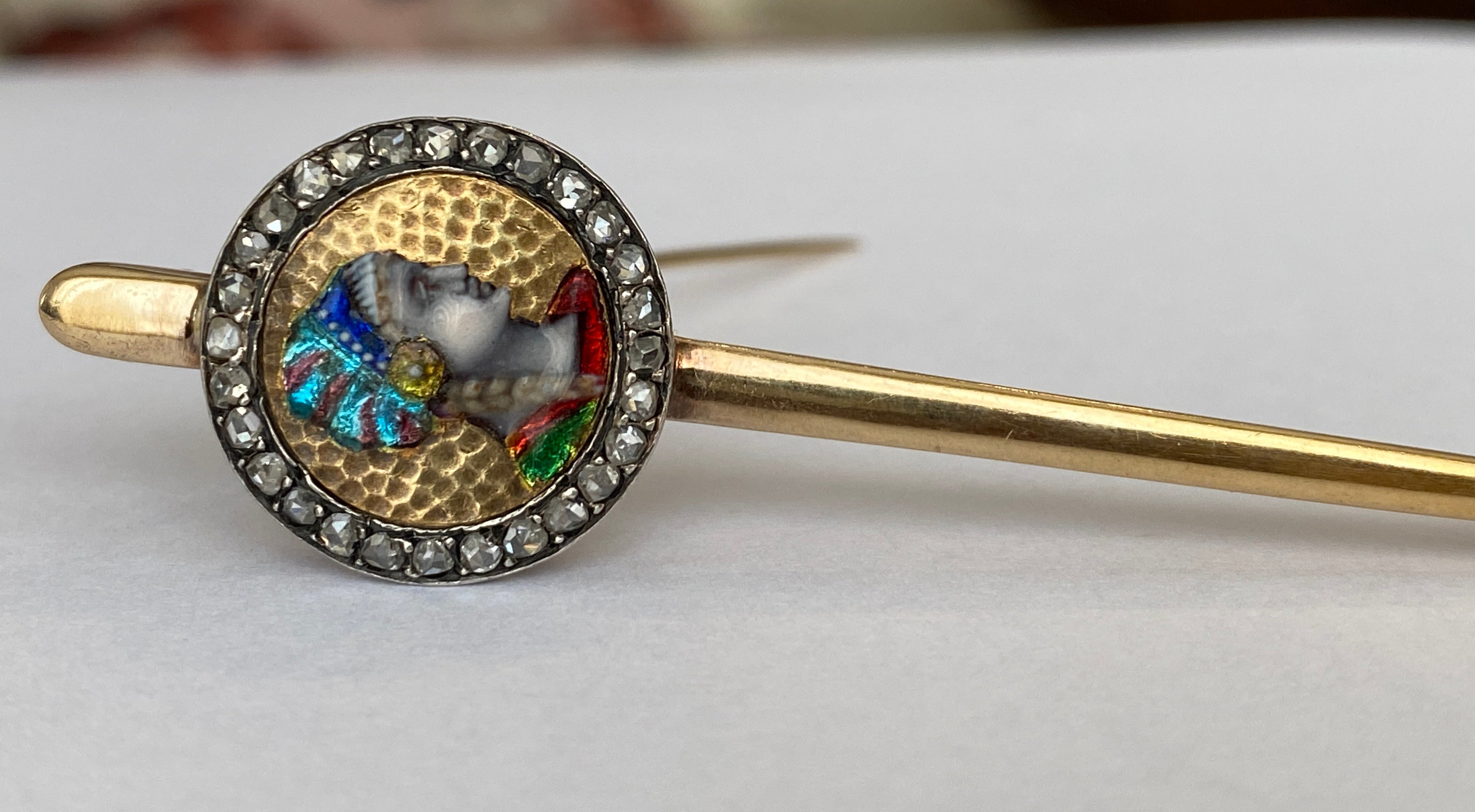 Important 8.7g Antique French 18 Karat Gold Art Nouveau Limoges Enamel Brooch
