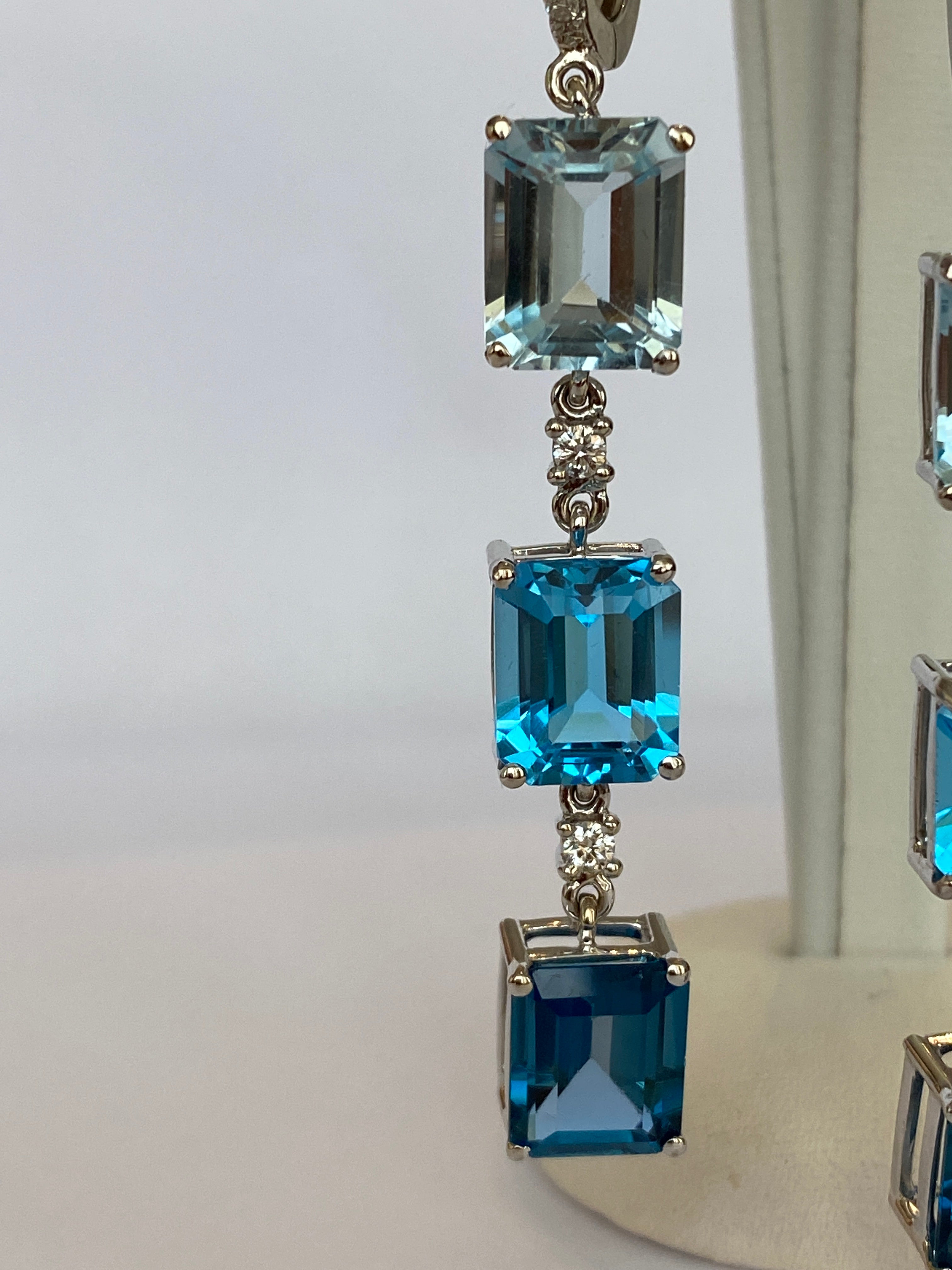 Exquisite 18K White Gold 22.45 Carat Blue Topaz & Diamond Dangle Earrings