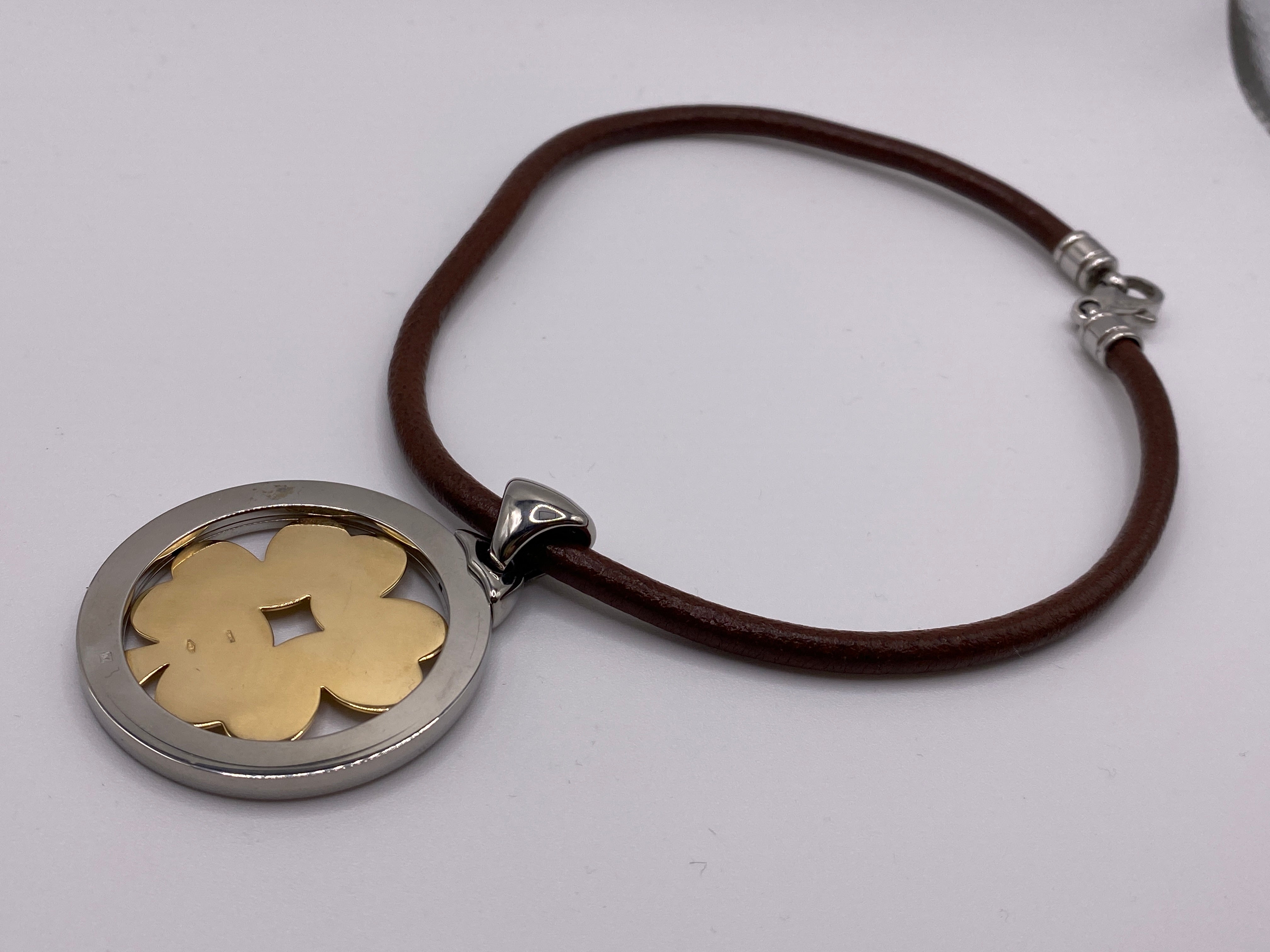 Bulgari Tondo Clover 18k Gold Steel Extra Large Pendant Brown and Black Leather
