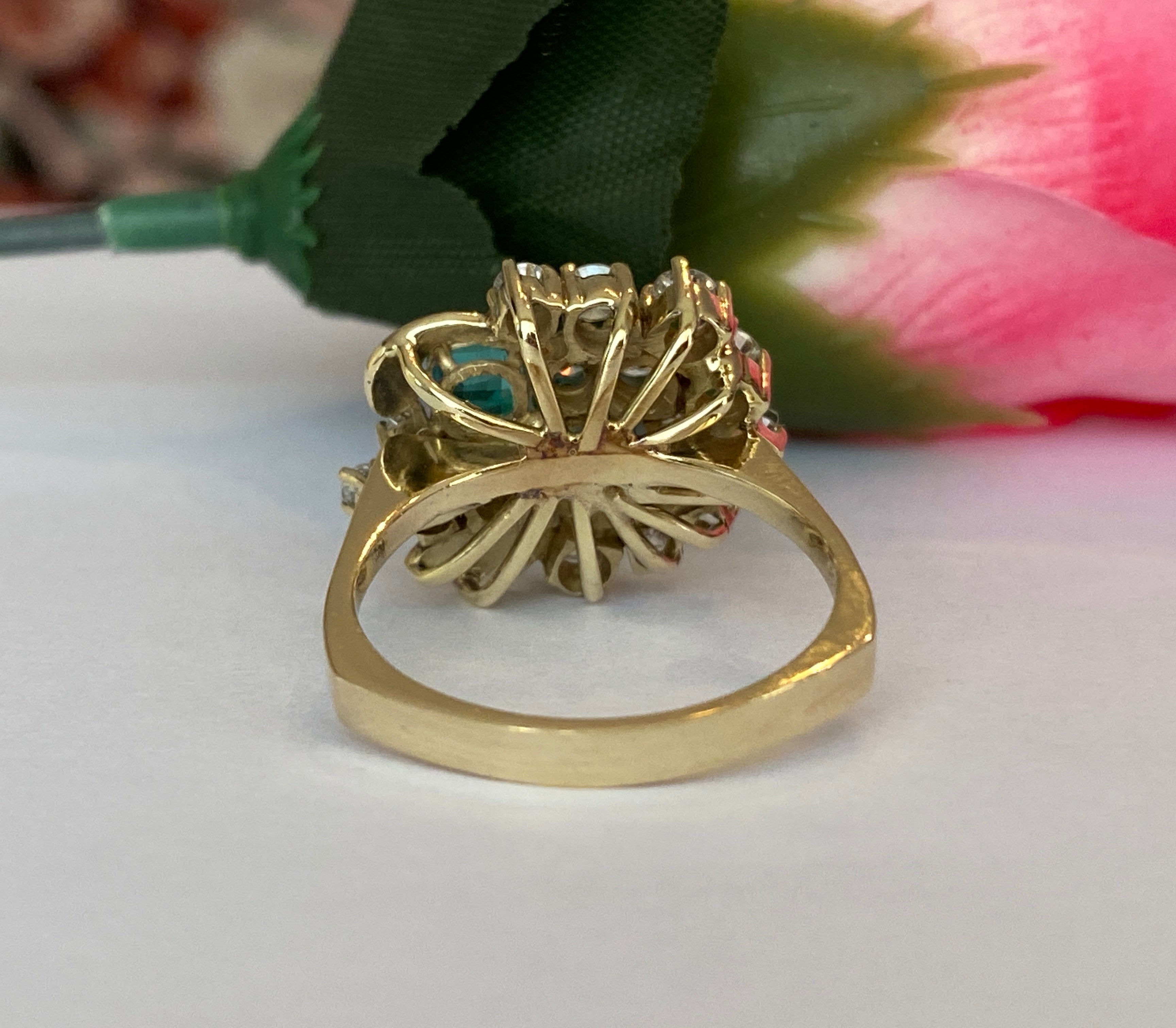 Vintage 14K Yellow Gold Diamond & Emerald Cluster Ring ca 1960, France