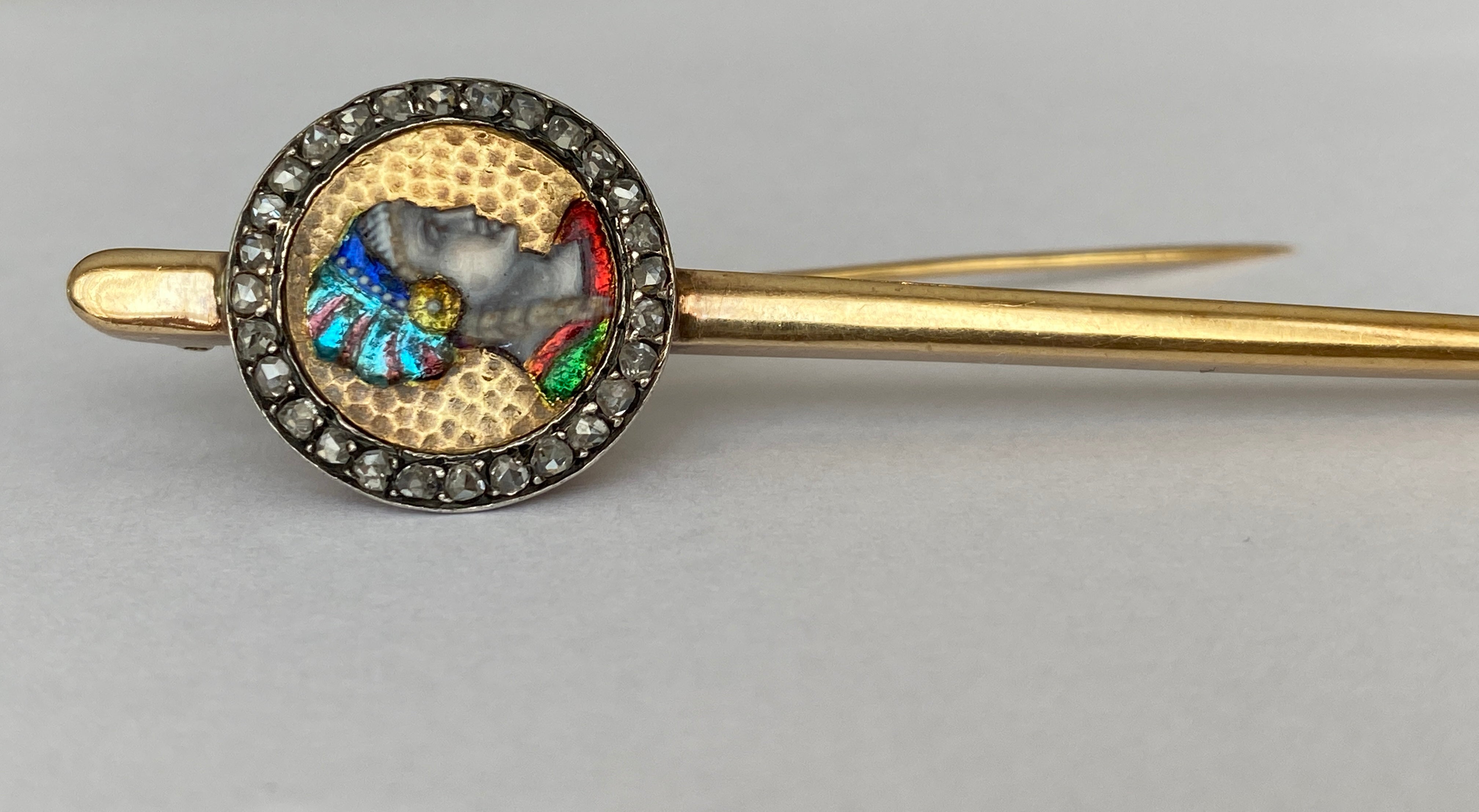 Important 8.7g Antique French 18 Karat Gold Art Nouveau Limoges Enamel Brooch