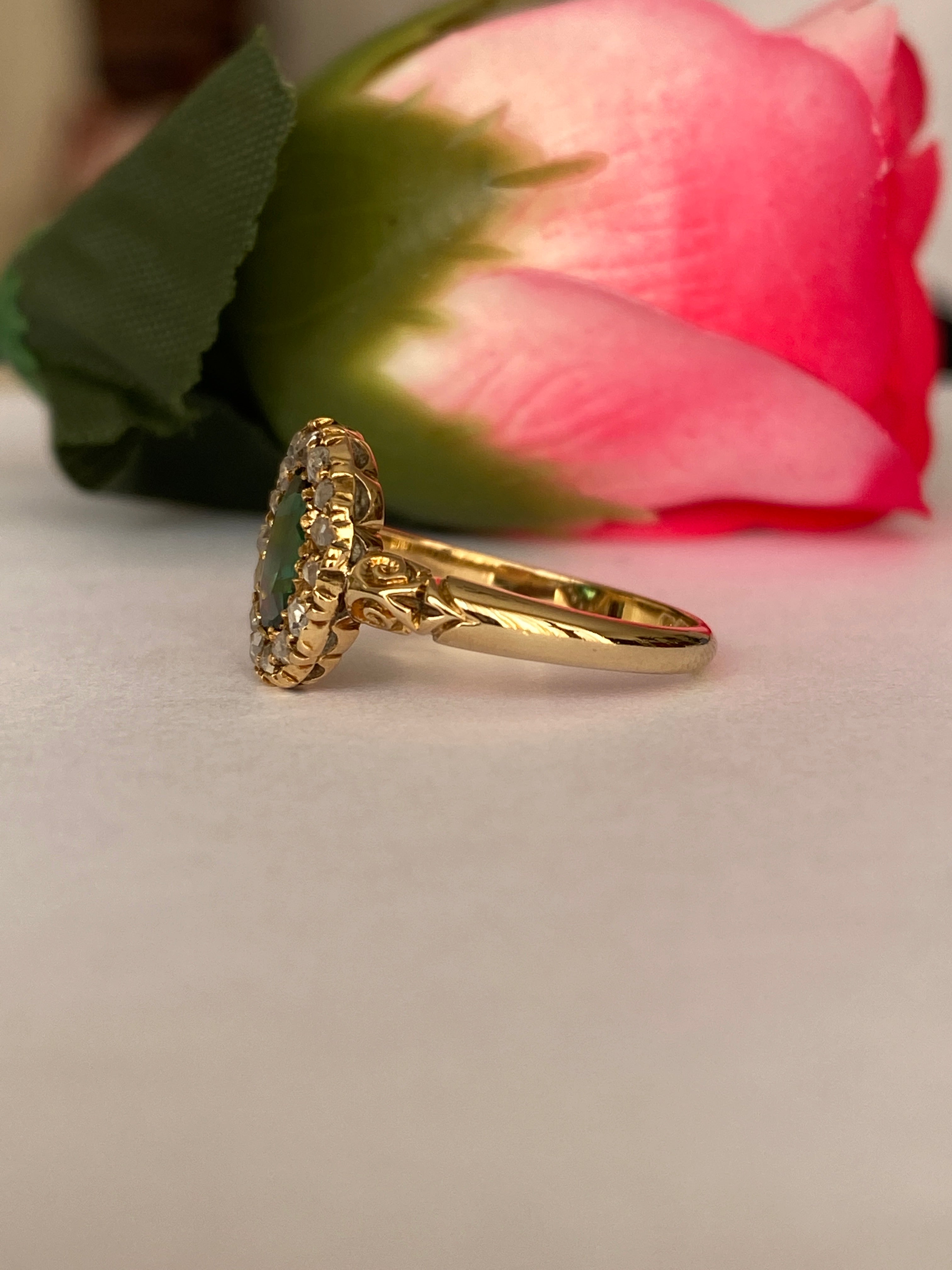Antique Edwardian 18K Yellow Gold Green Garnet Doublet and Rose-Cut Diamond Ring