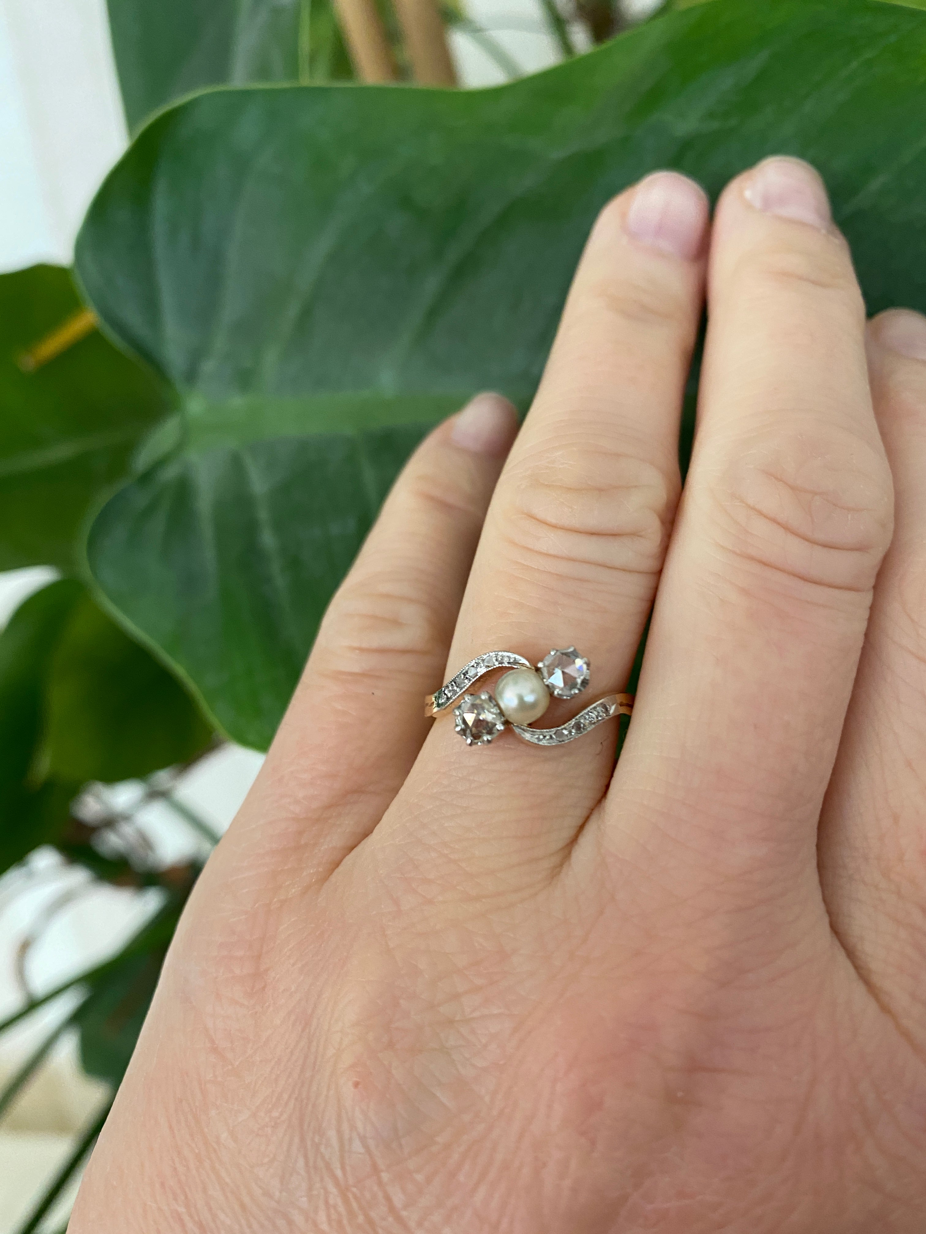 Antique Edwardian Diamond Pearl Ring Moi et Toi 18k Gold Topped Jewelry