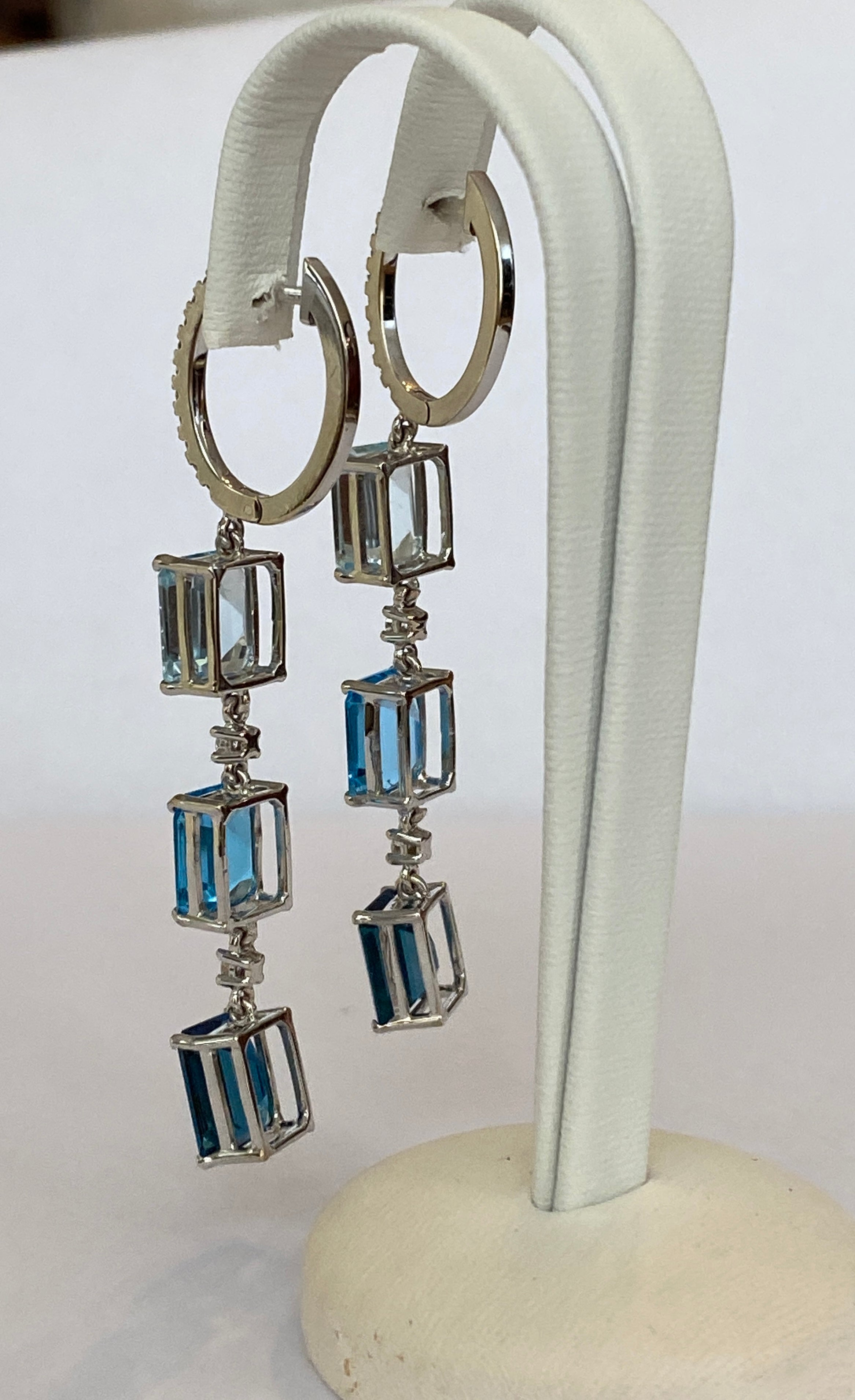 Exquisite 18K White Gold 22.45 Carat Blue Topaz & Diamond Dangle Earrings