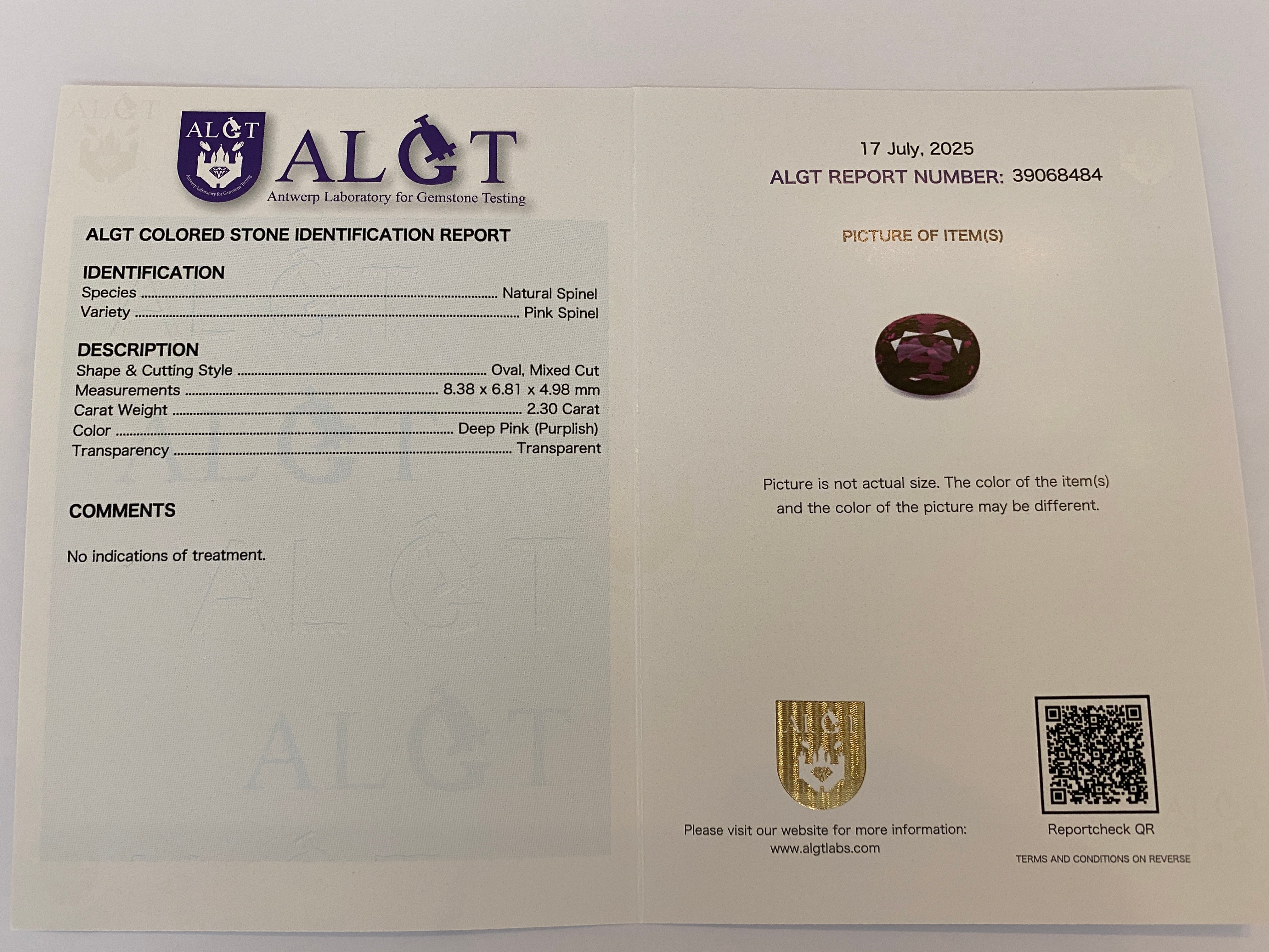 ALGT Certified 2.30 carat oval mixed cut Deep  Pink Spinel