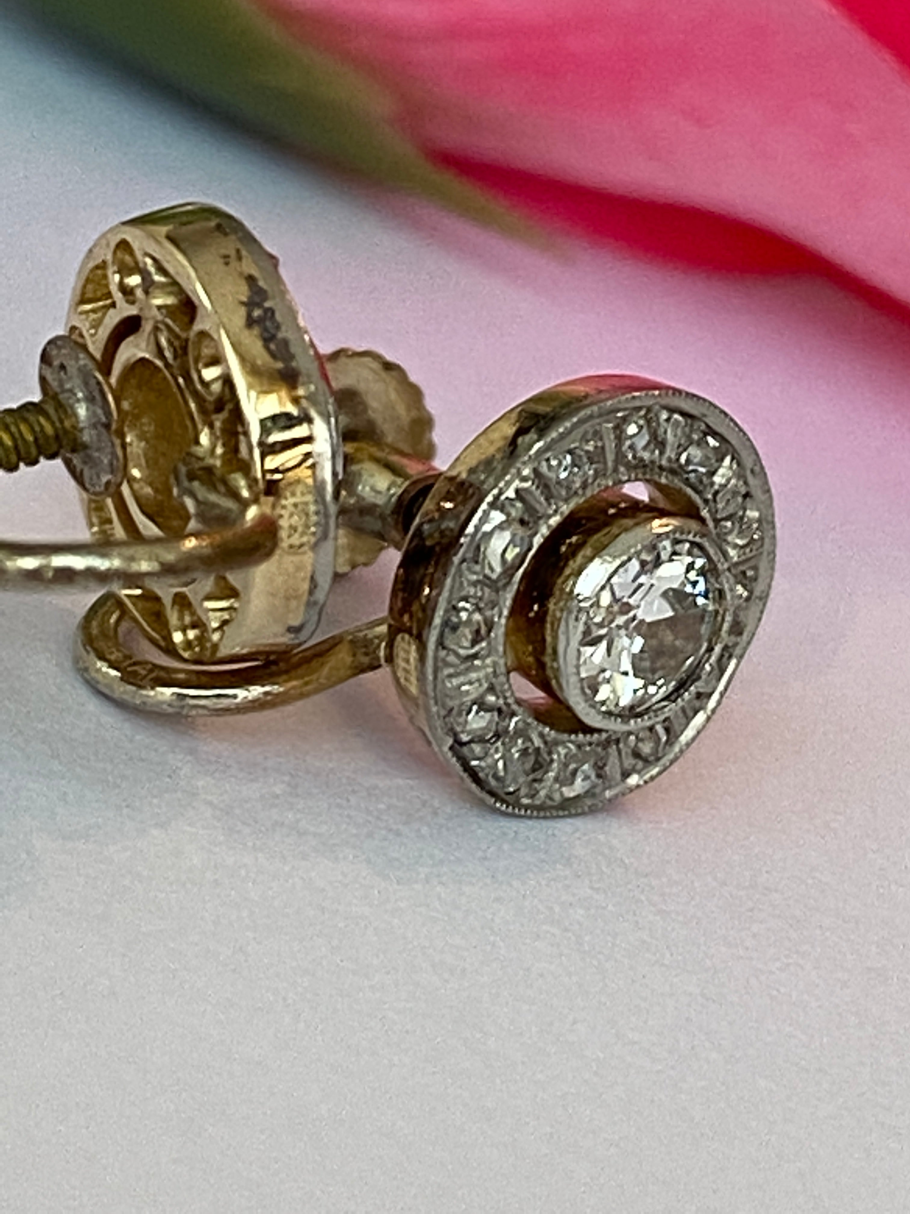 Antique Victorian 14 kt  Gold Halo Earrings with 0.74 ct Old-Cut Diamonds