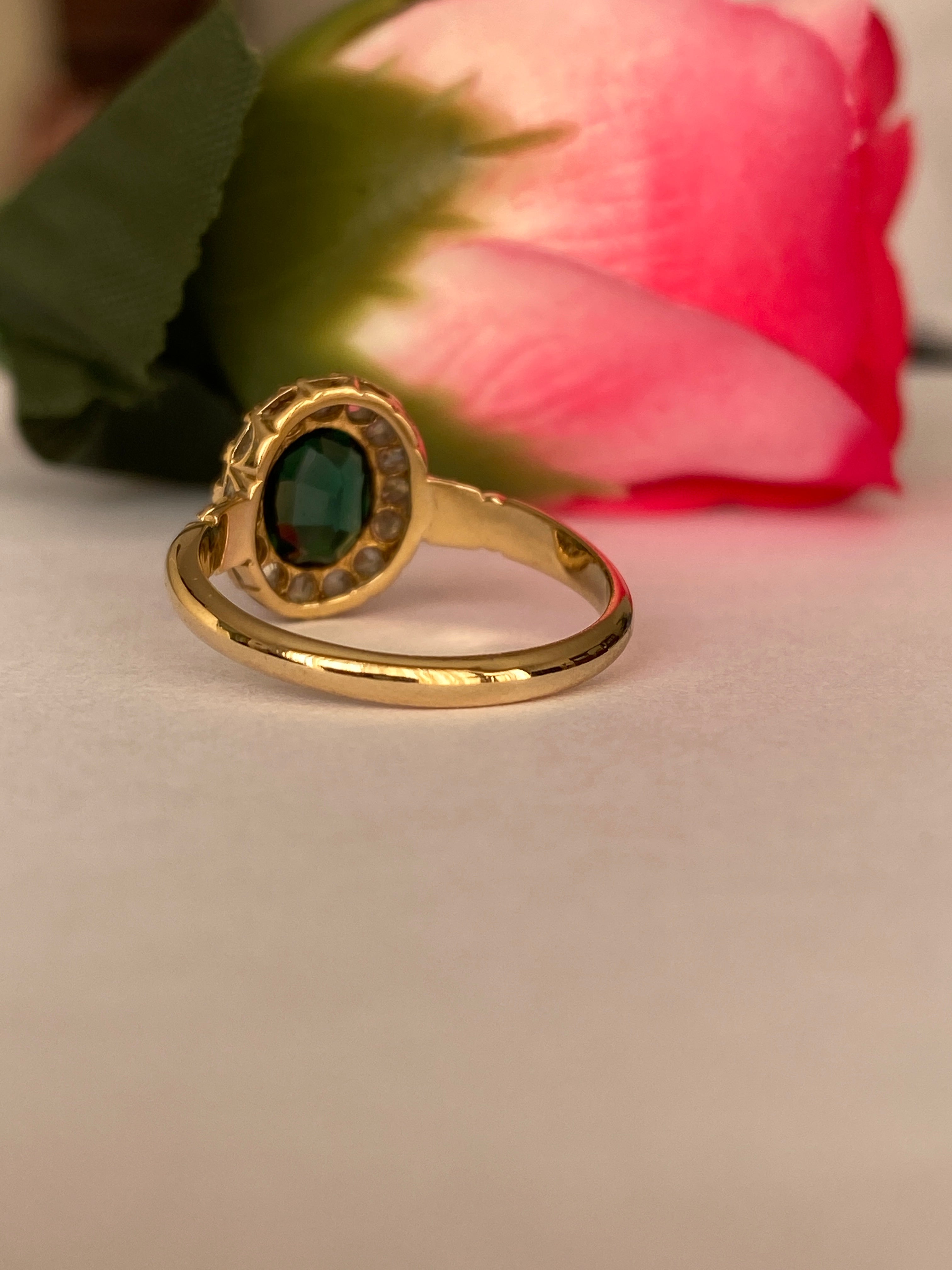 Antique Edwardian 18K Yellow Gold Green Garnet Doublet and Rose-Cut Diamond Ring