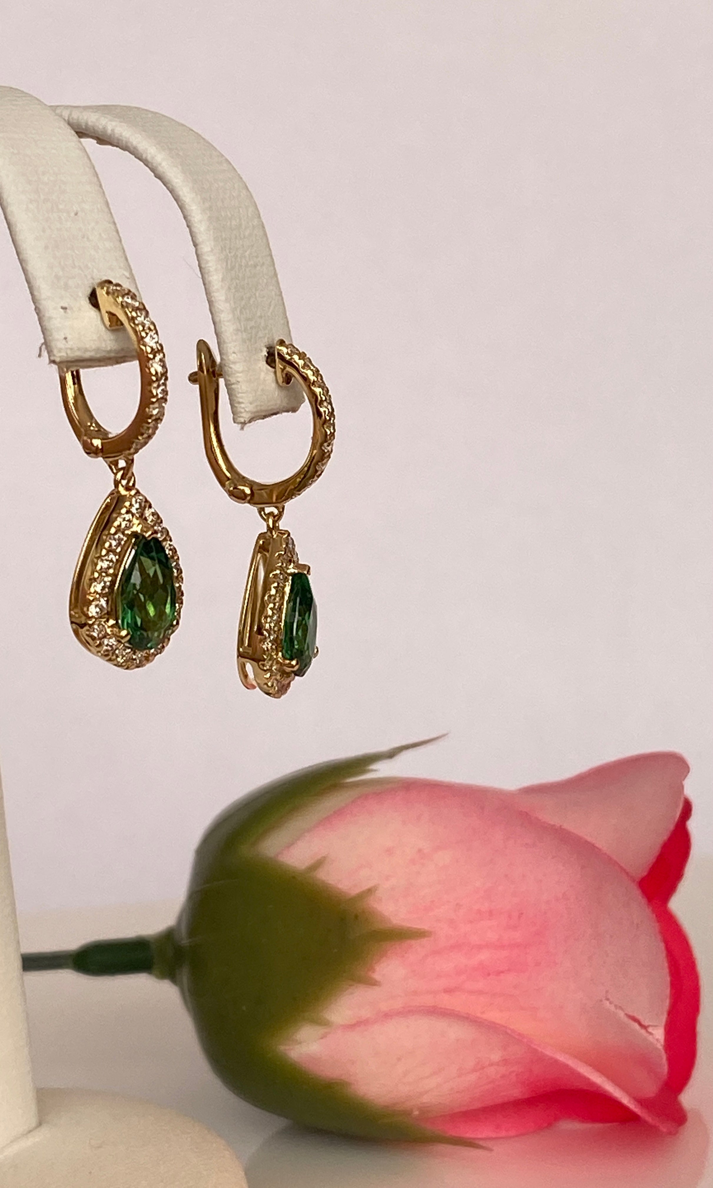 ALGT Cerified Vivid Green Tsavorite Diamond  Drop Earrings in 18K Yellow Gold