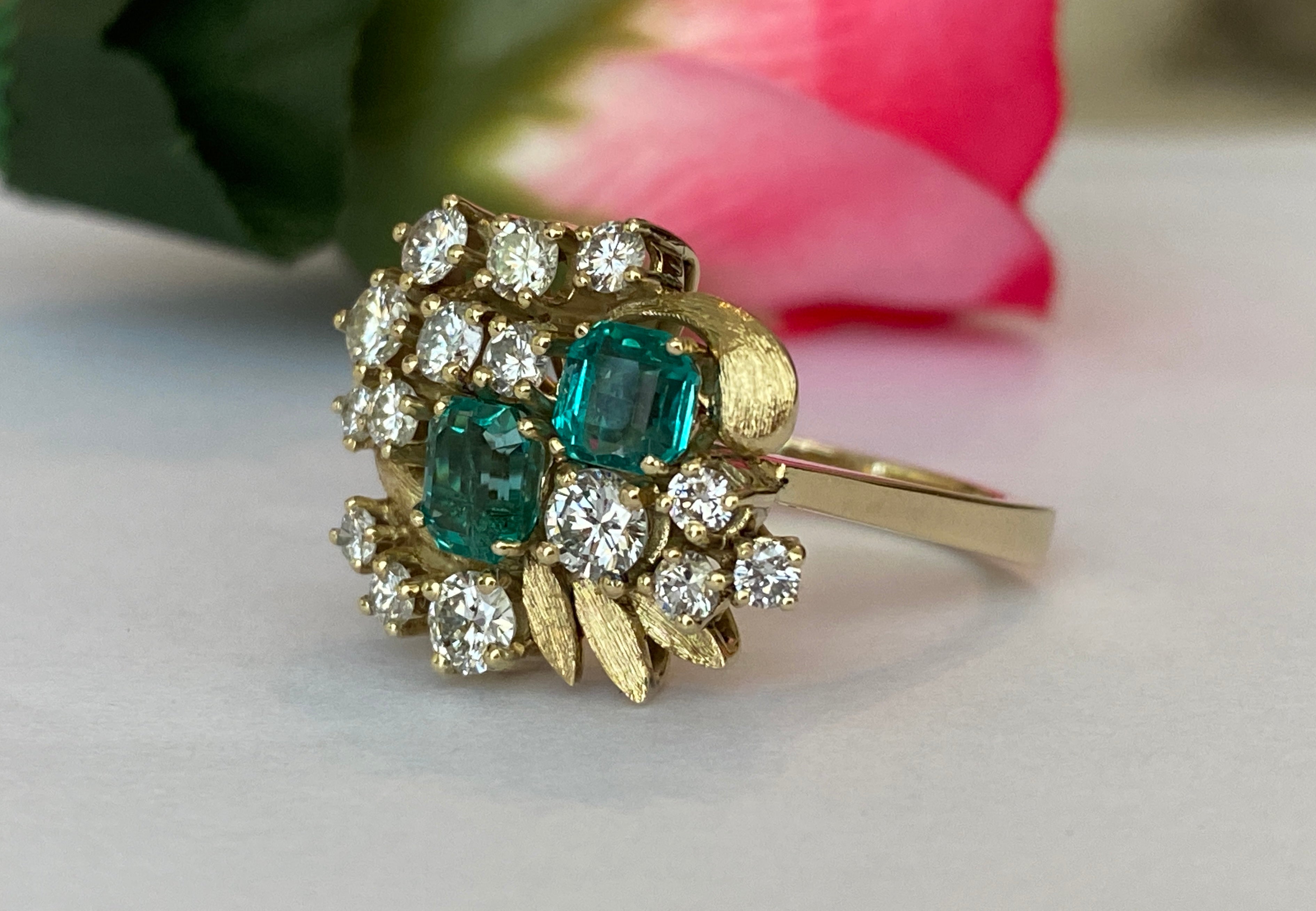 Vintage 14K Yellow Gold Diamond & Emerald Cluster Ring ca 1960, France