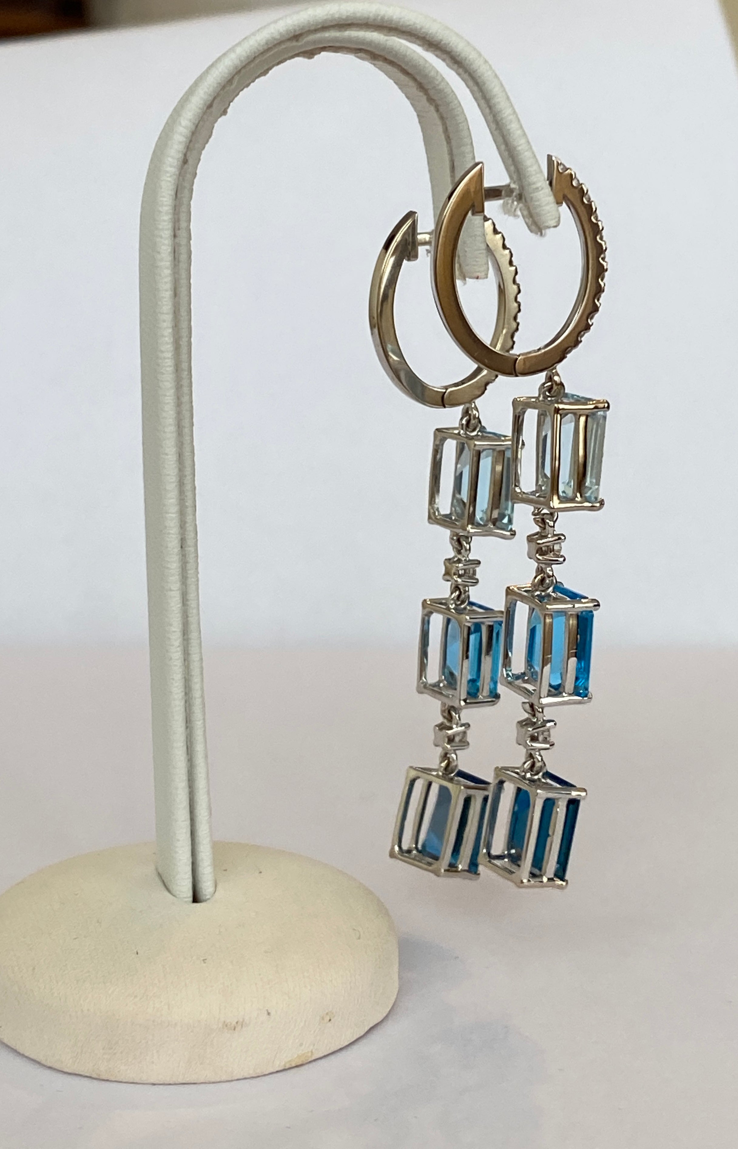 Exquisite 18K White Gold 22.45 Carat Blue Topaz & Diamond Dangle Earrings