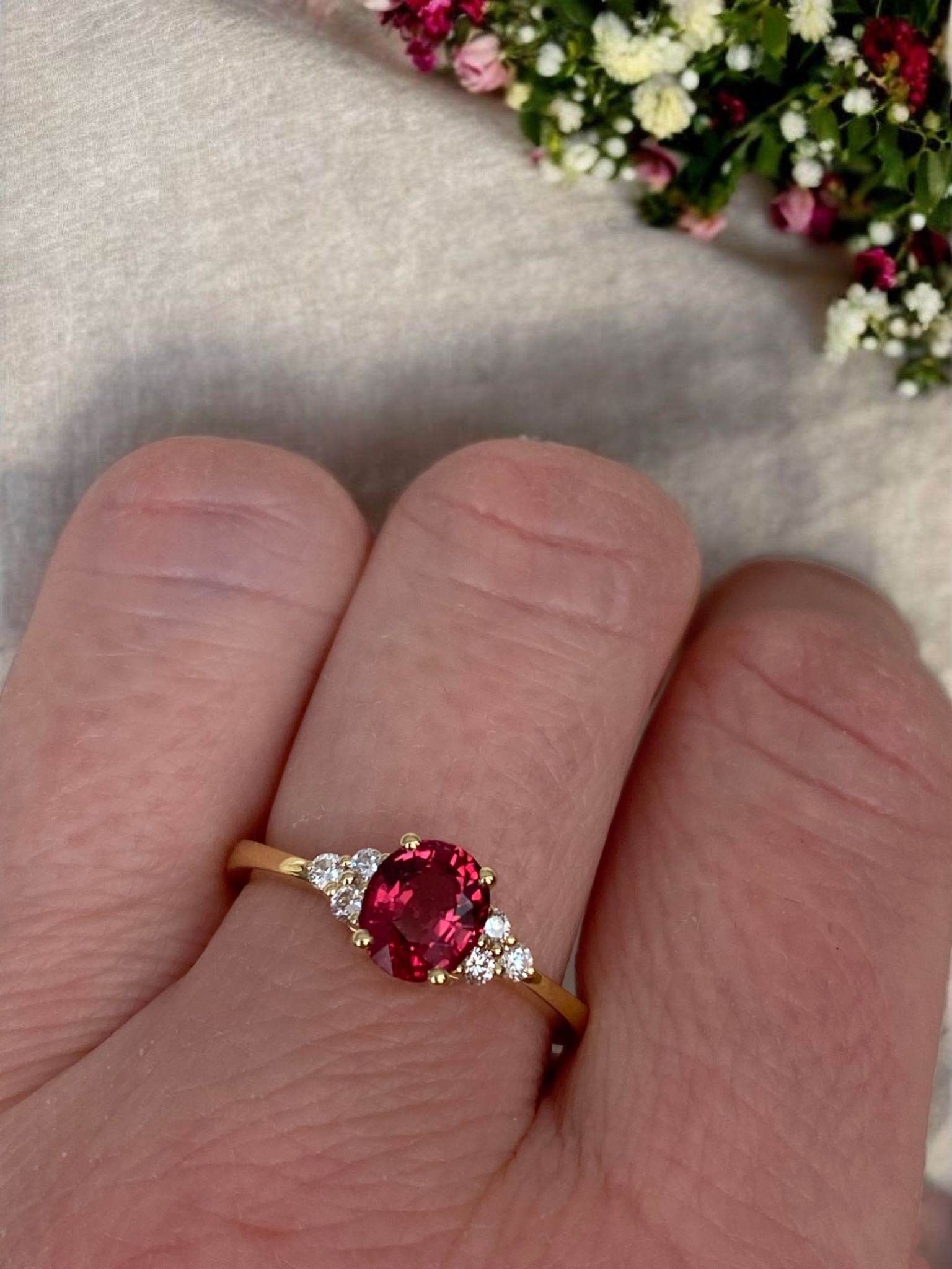 Exquisite Unheated Pinkish-Red Burma Spinel and Diamond Engagement Gold Ring