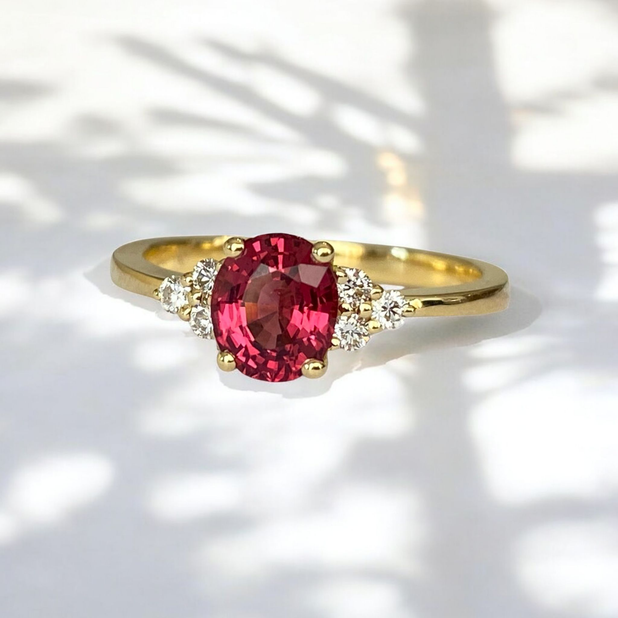 Exquisite Unheated Pinkish-Red Burma Spinel and Diamond Engagement Gold Ring
