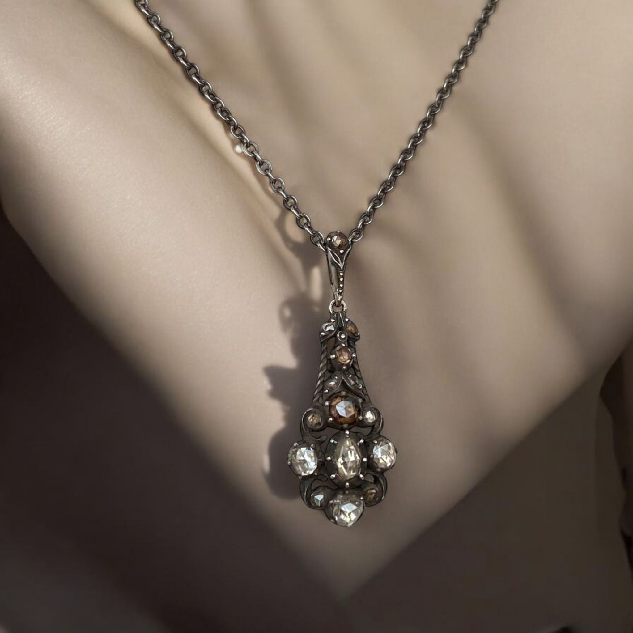 Victorian antique gold and silver drop pendant necklace with exquisite rose-cut diamonds.