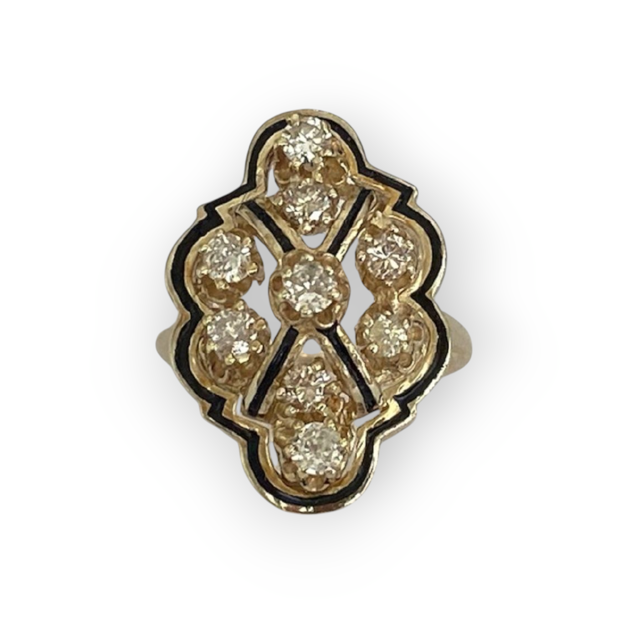 Vintage 14 kt. Yellow gold/enamel  Cocktail Ring with Diamonds